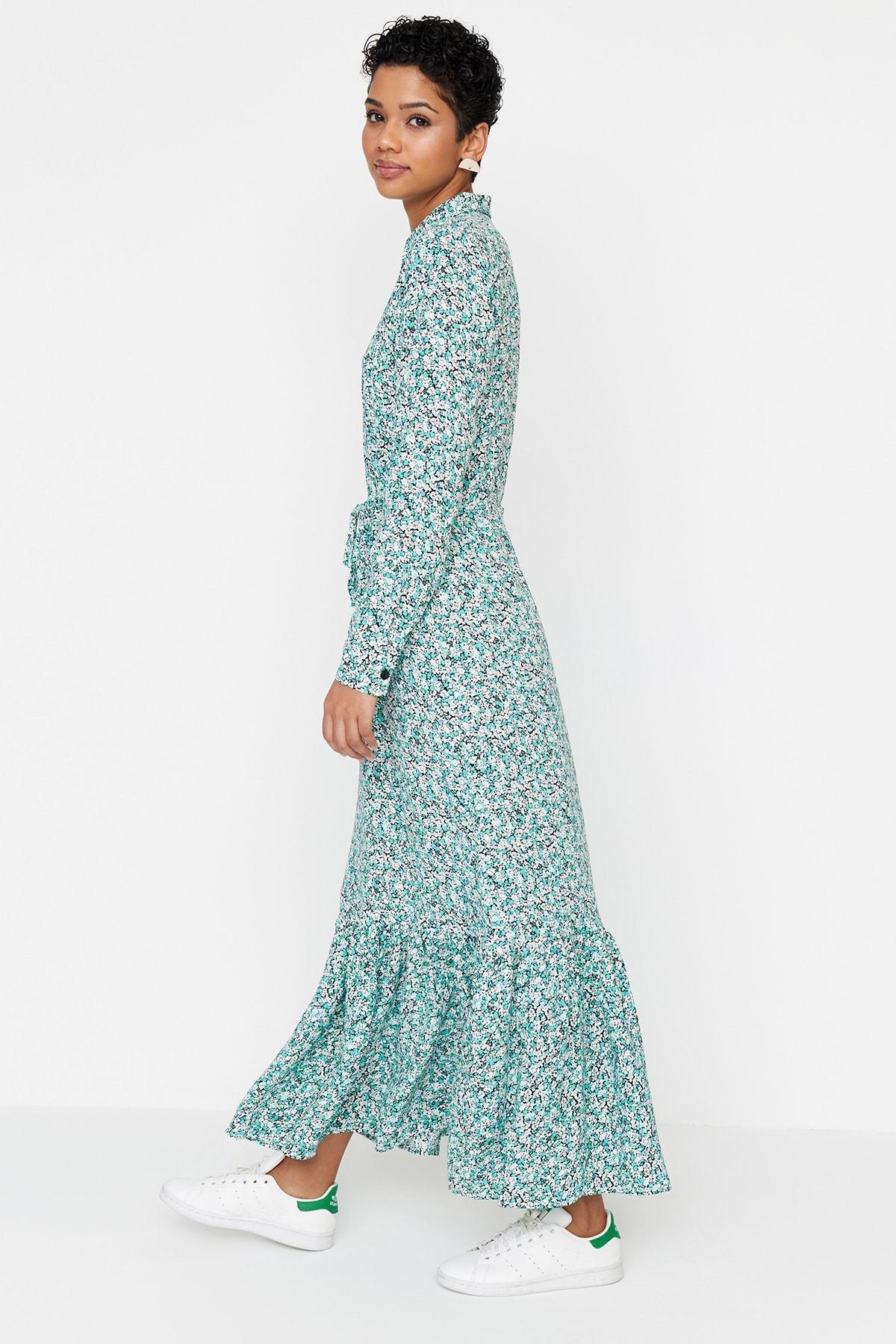 Green Floral Shirt Collar Maxi Dress, , large image number 1