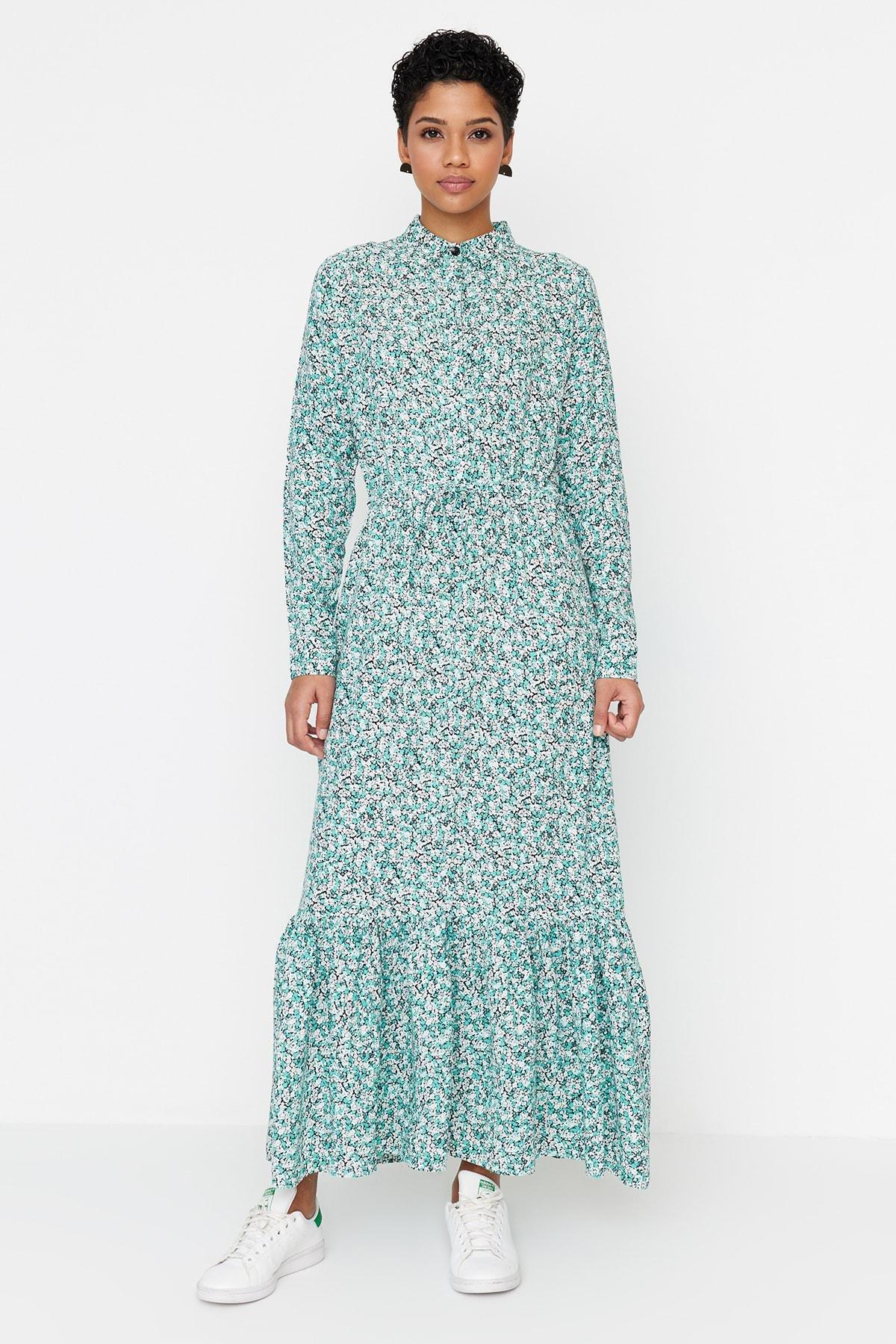 Green Floral Shirt Collar Maxi Dress, , large image number 3