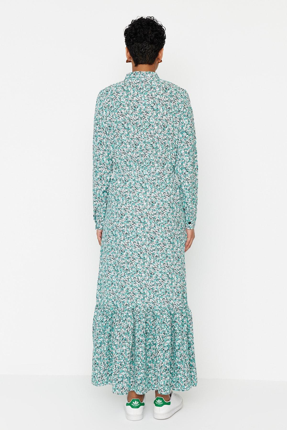 Green Floral Shirt Collar Maxi Dress, , large image number 4