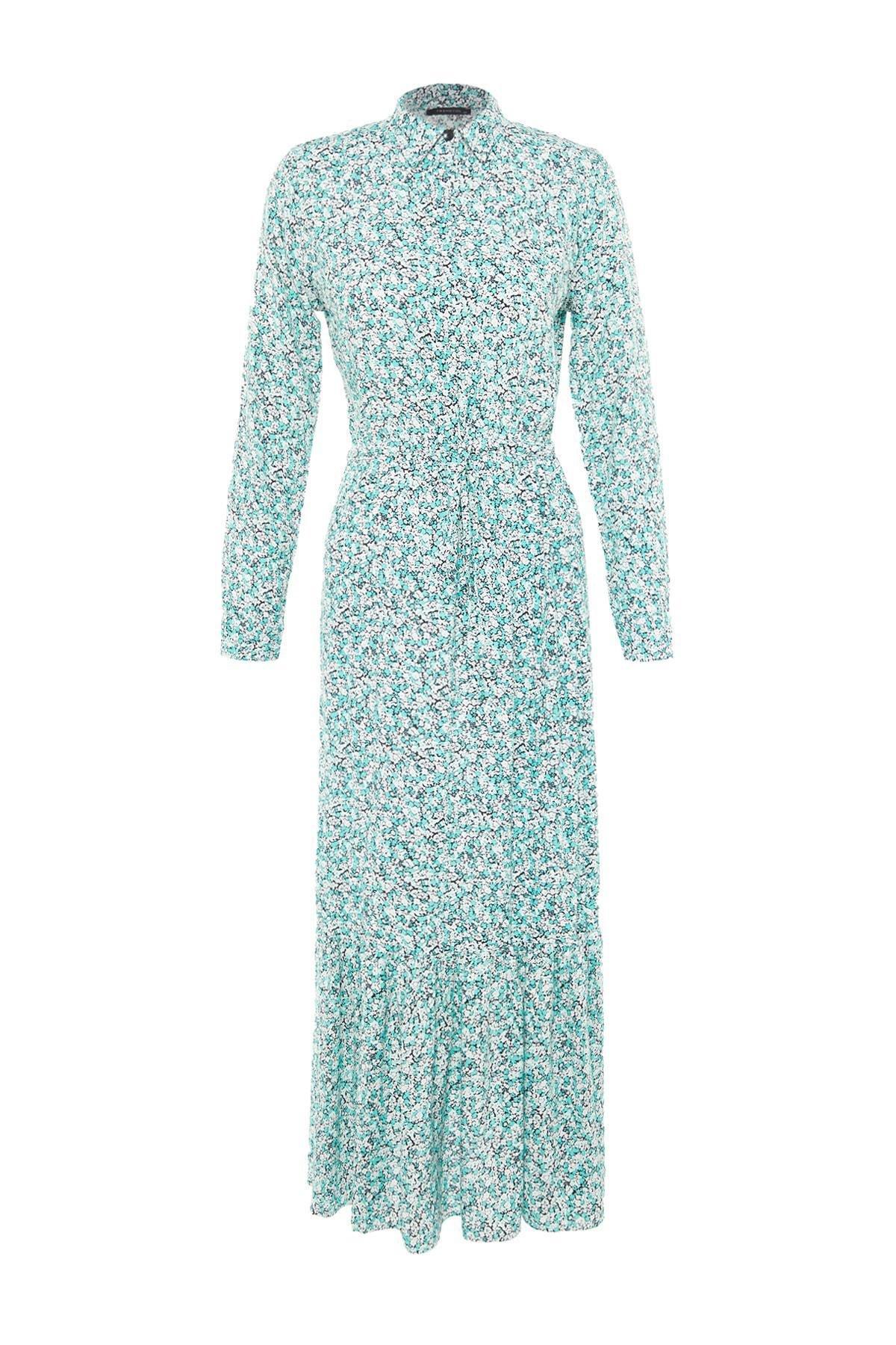 Green Floral Shirt Collar Maxi Dress, , large image number 5