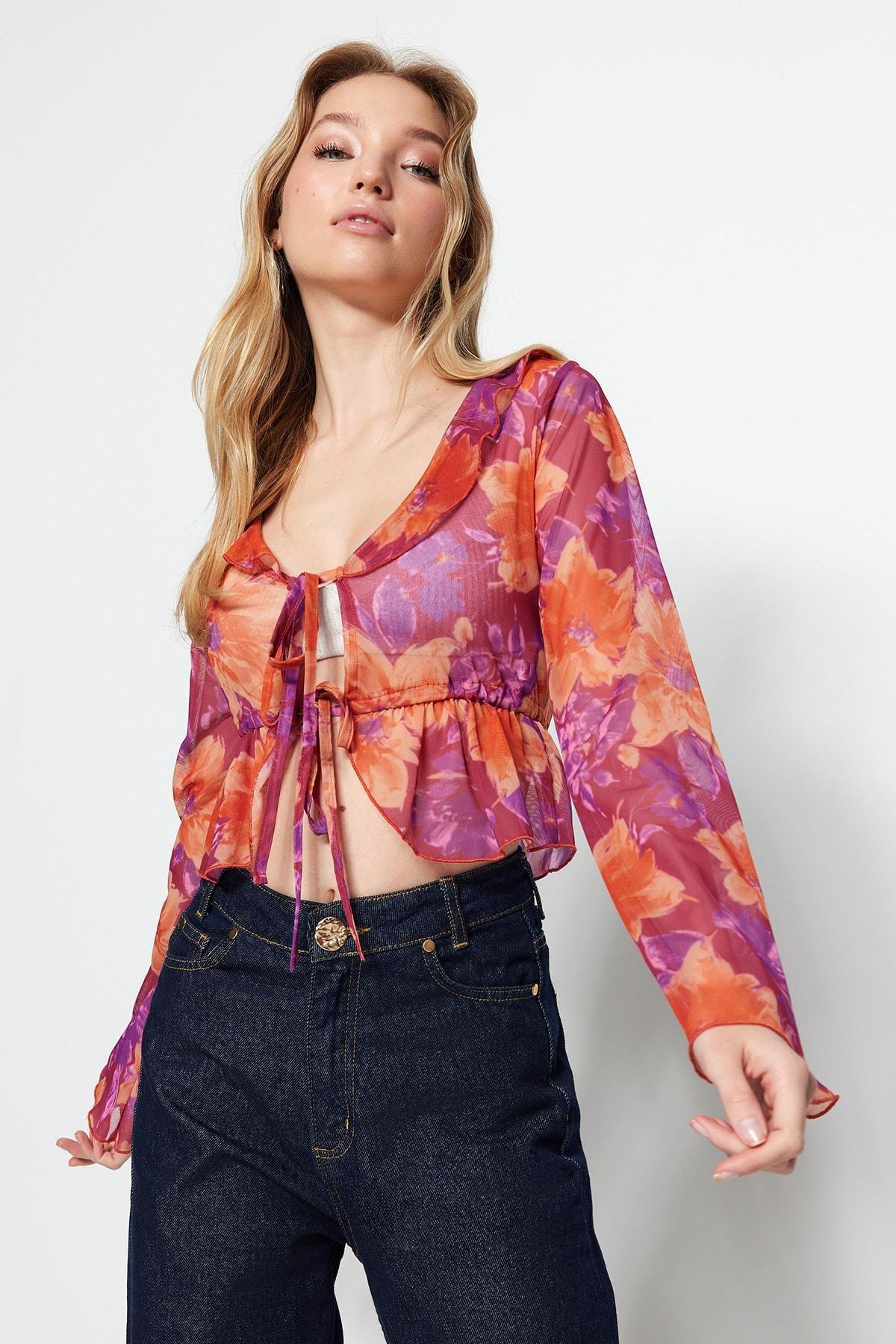 Pink Floral V-Neck Blouse, C101_7007, large image number 0