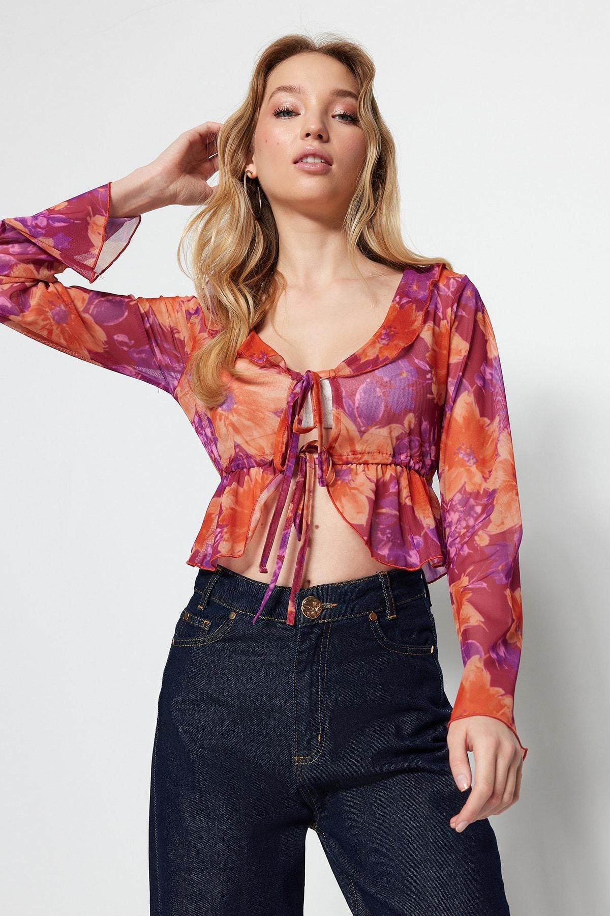 Pink Floral V-Neck Blouse, C101_7007, large image number 2