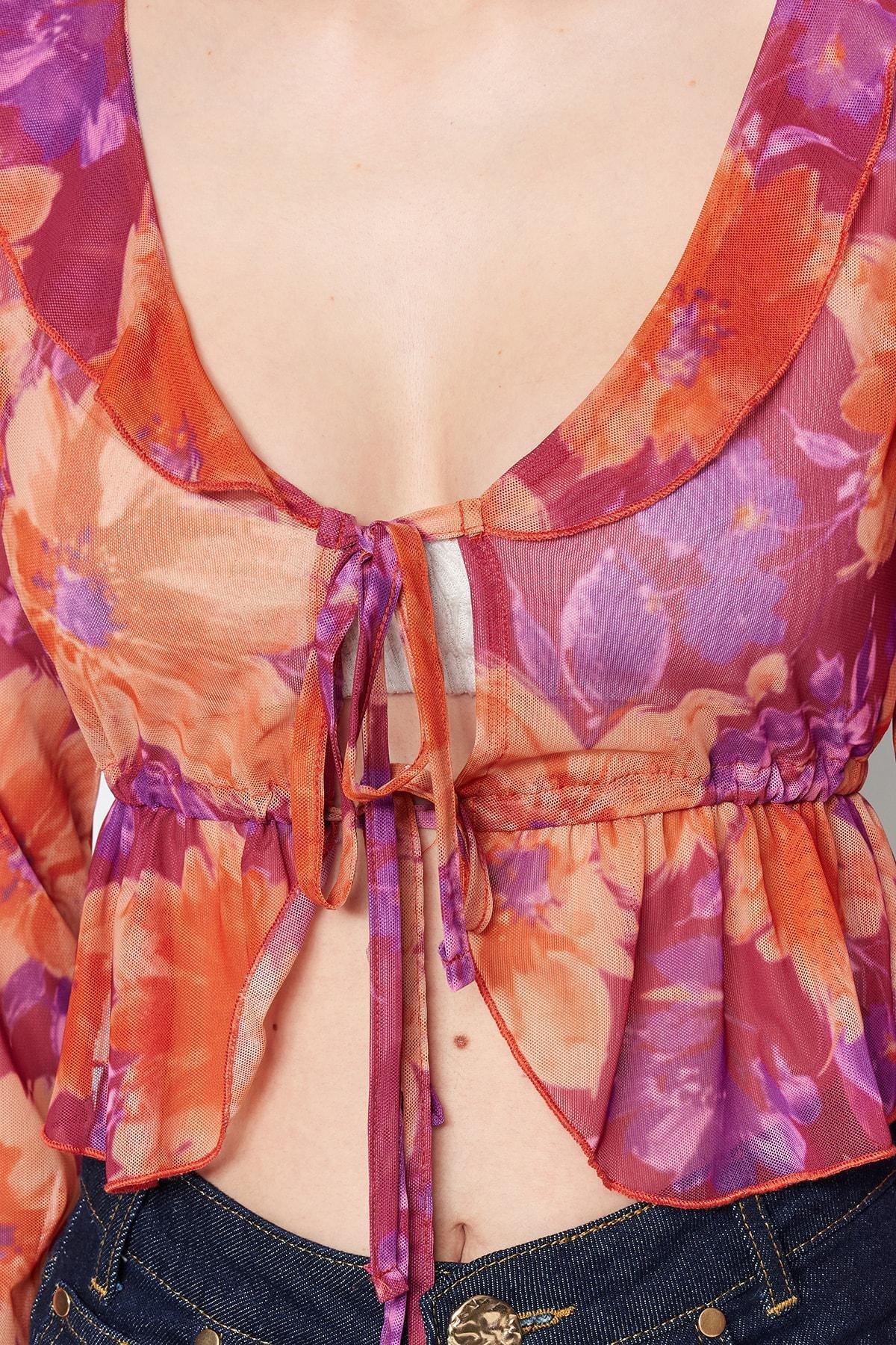 Pink Floral V-Neck Blouse, C101_7007, large image number 4