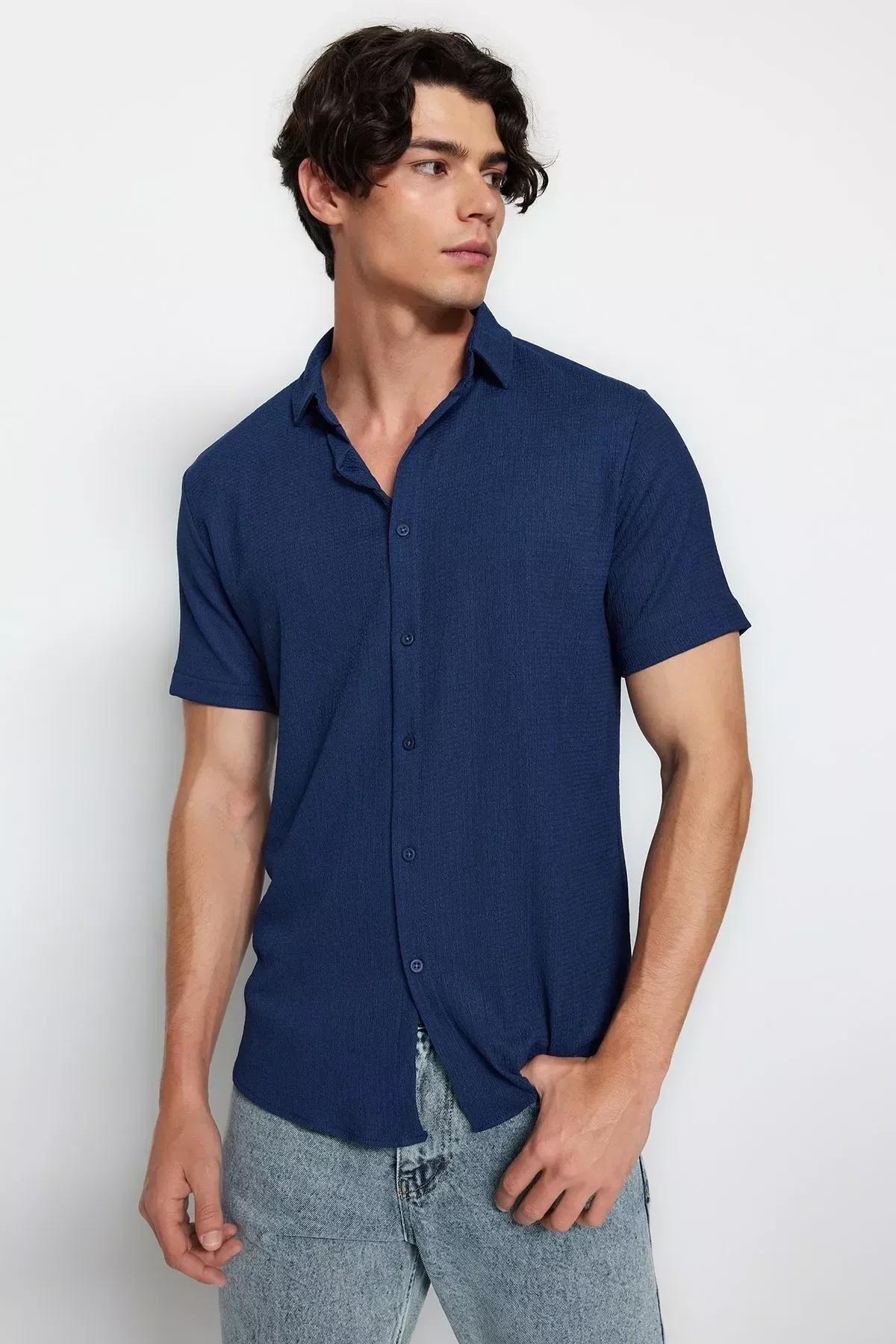 Blue Regular Fit Short Sleeve Shirt, Dark blue, medium