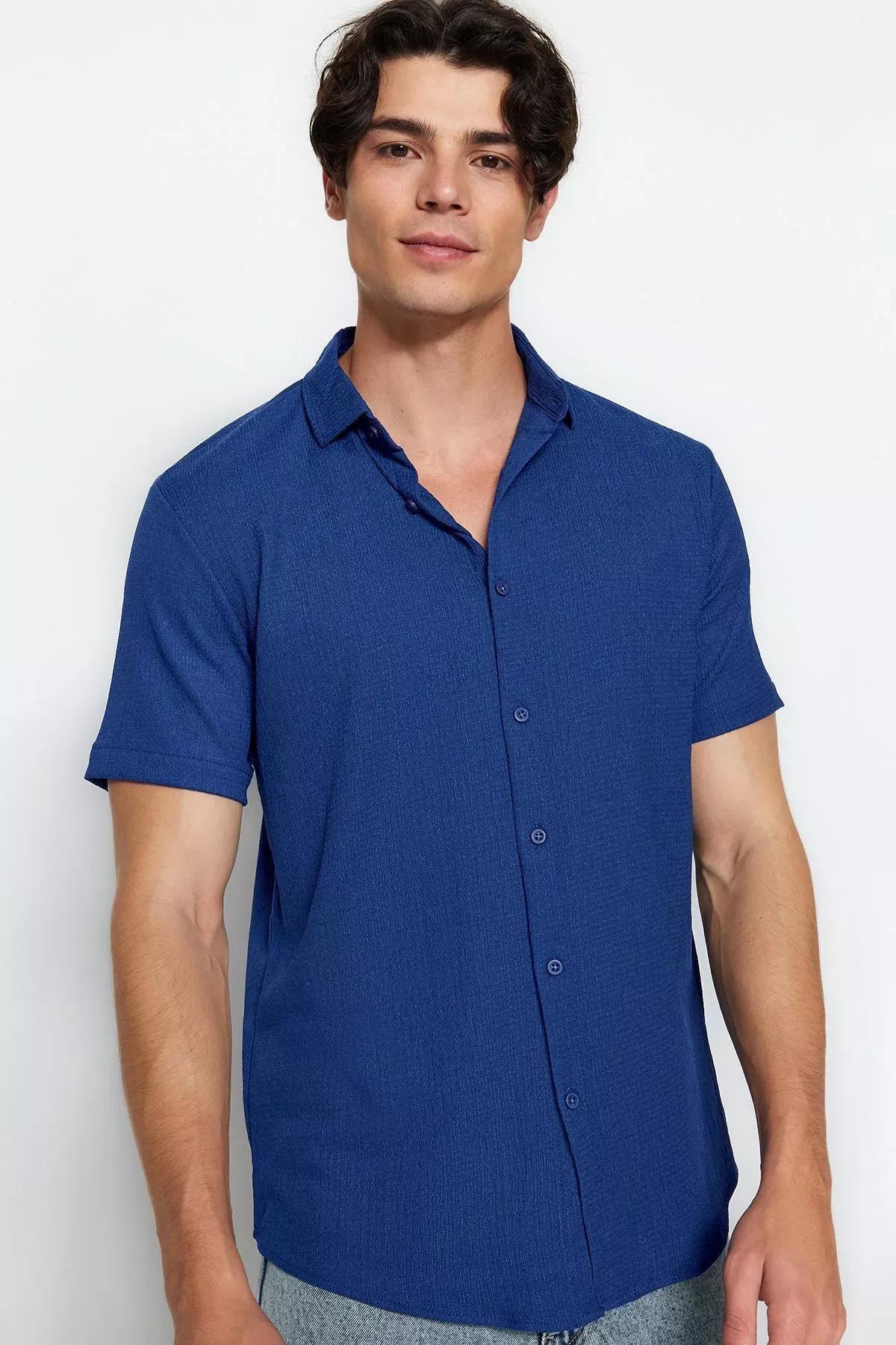 Blue Regular Fit Short Sleeve Shirt, Dark blue, large image number 5