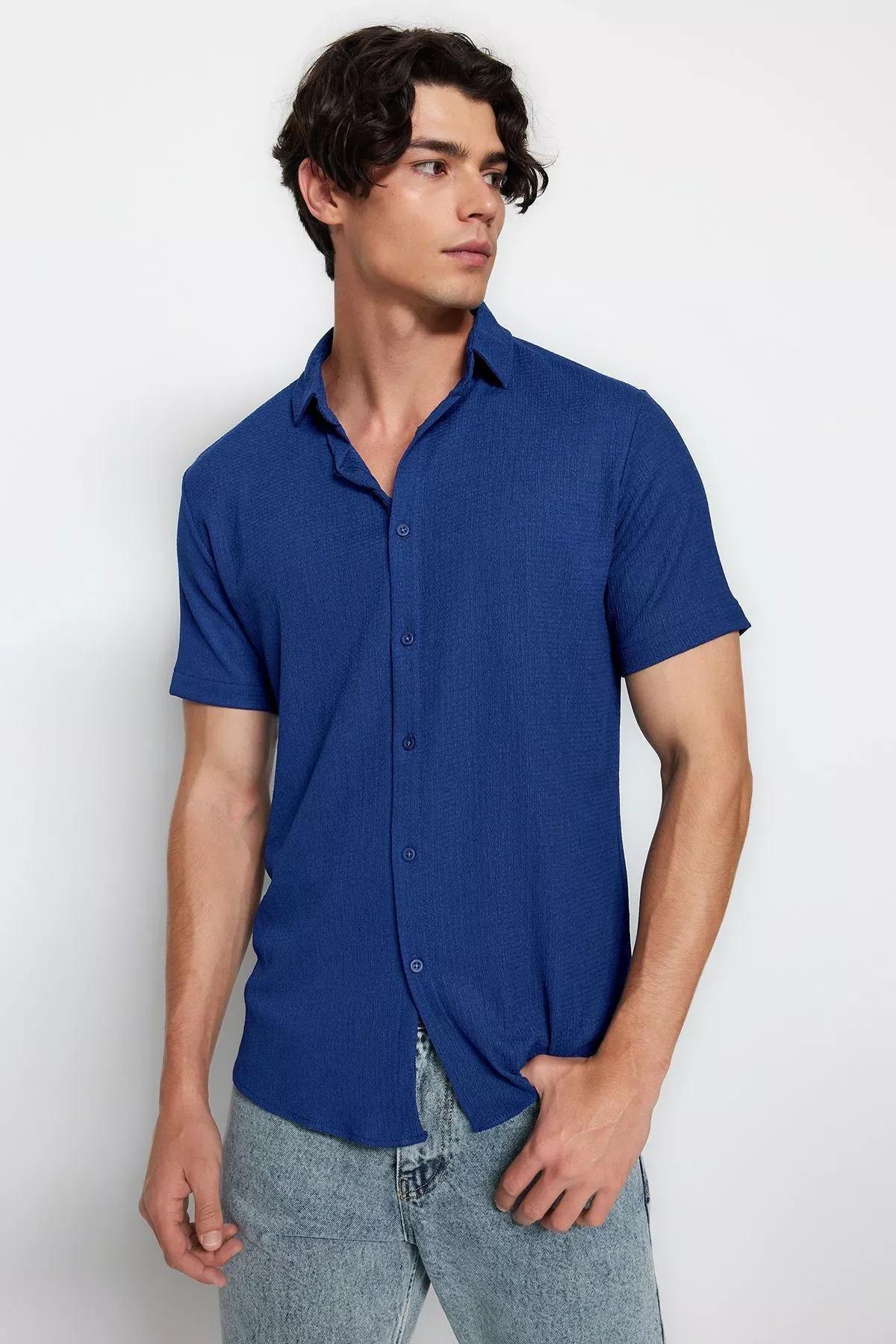 Blue Regular Fit Short Sleeve Shirt, Dark blue, large image number 6