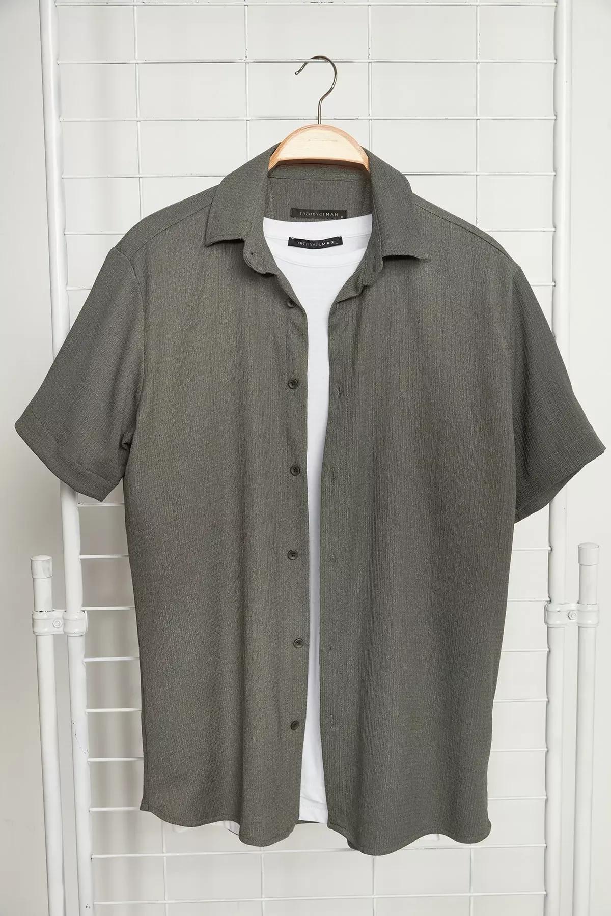 Khaki Linen Short Sleeves Shirt, Khaki, medium