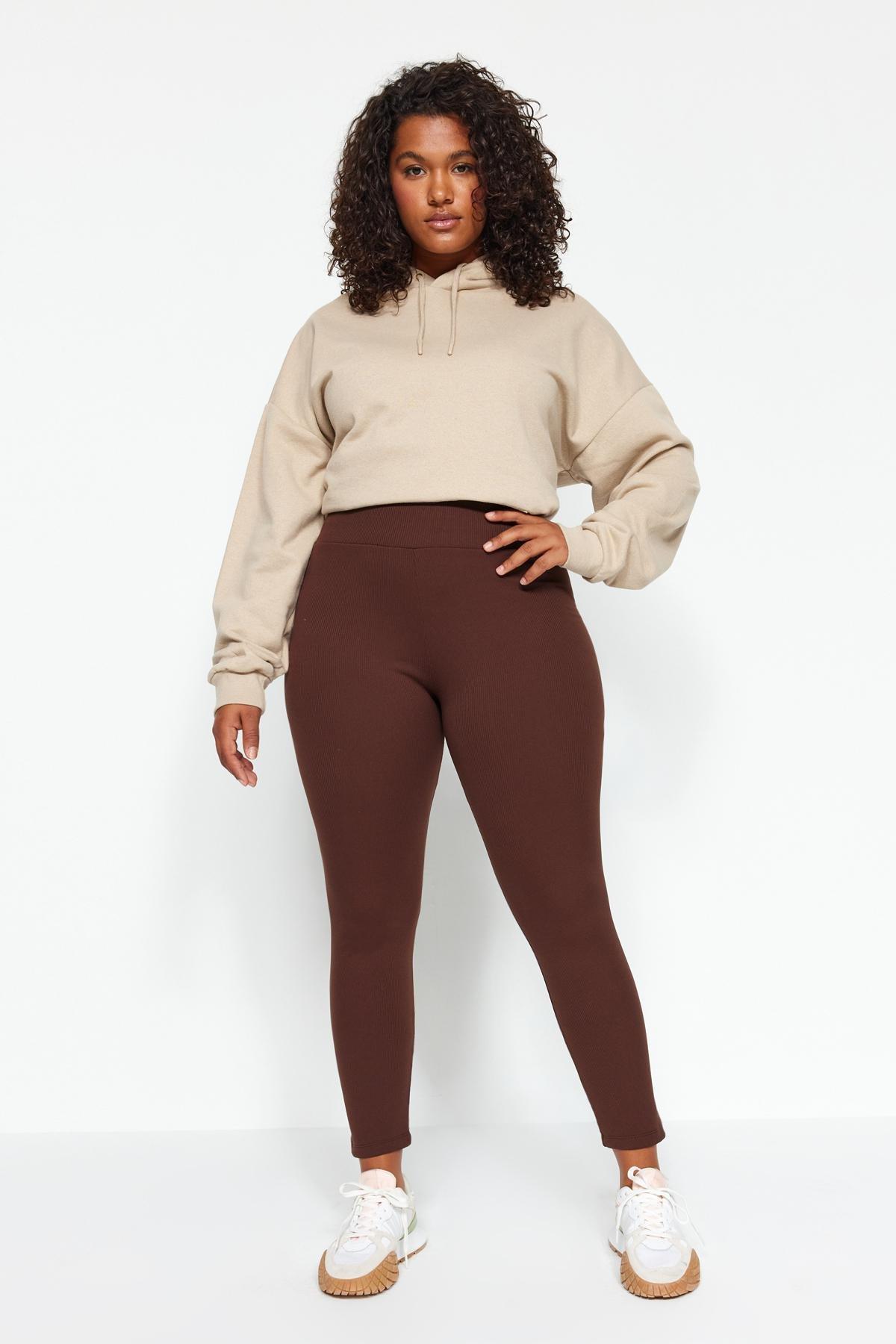 Brown Fleece Knitted Leggings, , large image number 1