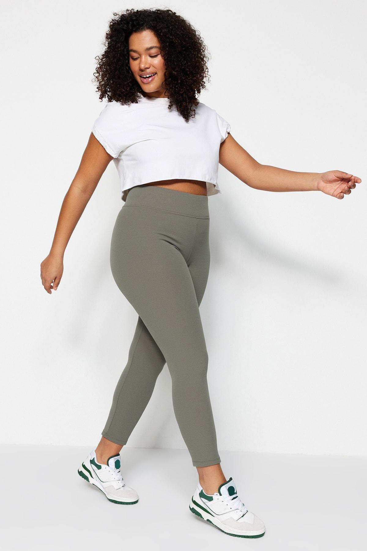 Khaki High Waist Plus Size Leggings, , large image number 0