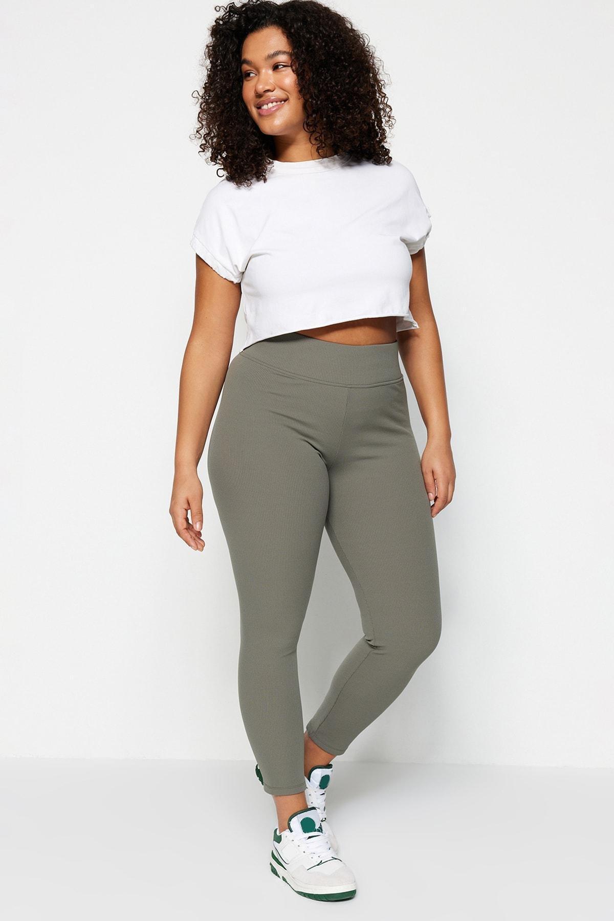Khaki High Waist Plus Size Leggings, , large image number 1