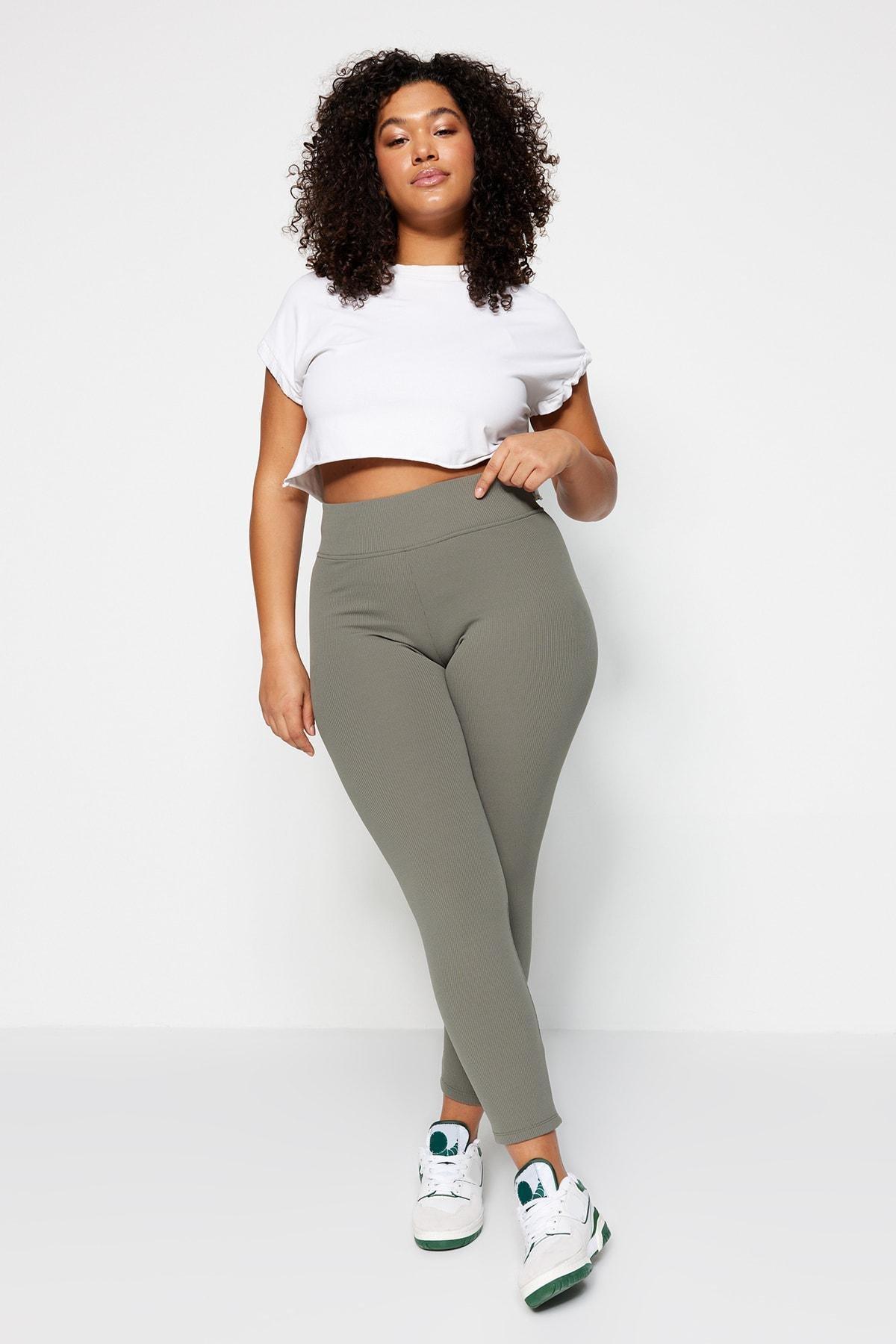 Khaki High Waist Plus Size Leggings, , large image number 2