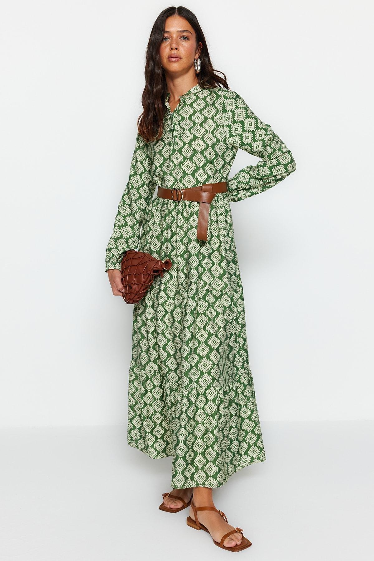 Green Floral Belted Lined Woven Dress, , large image number 0