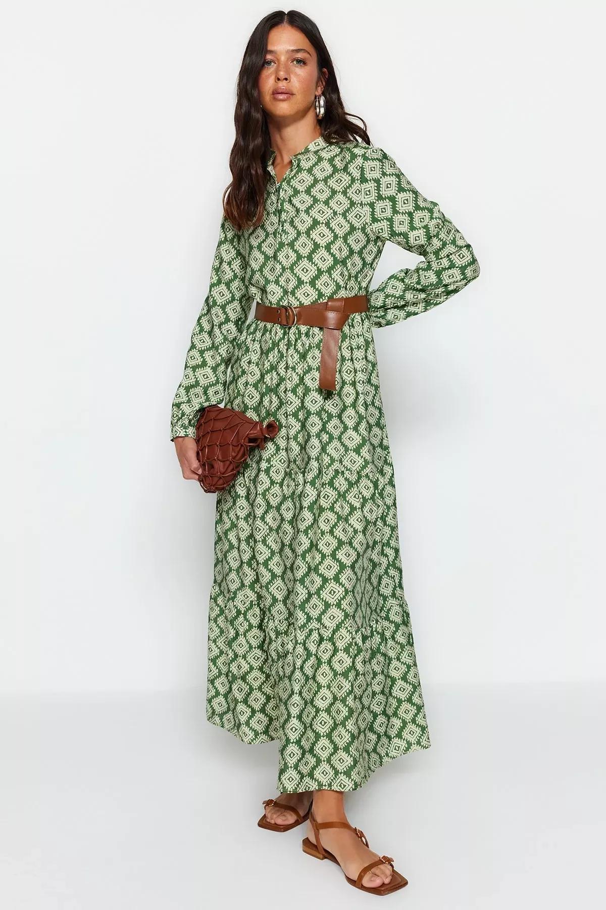 فستان منسوج مبطن بنقشة زهور مزود بحزام، أخضر, Green, large image number 0