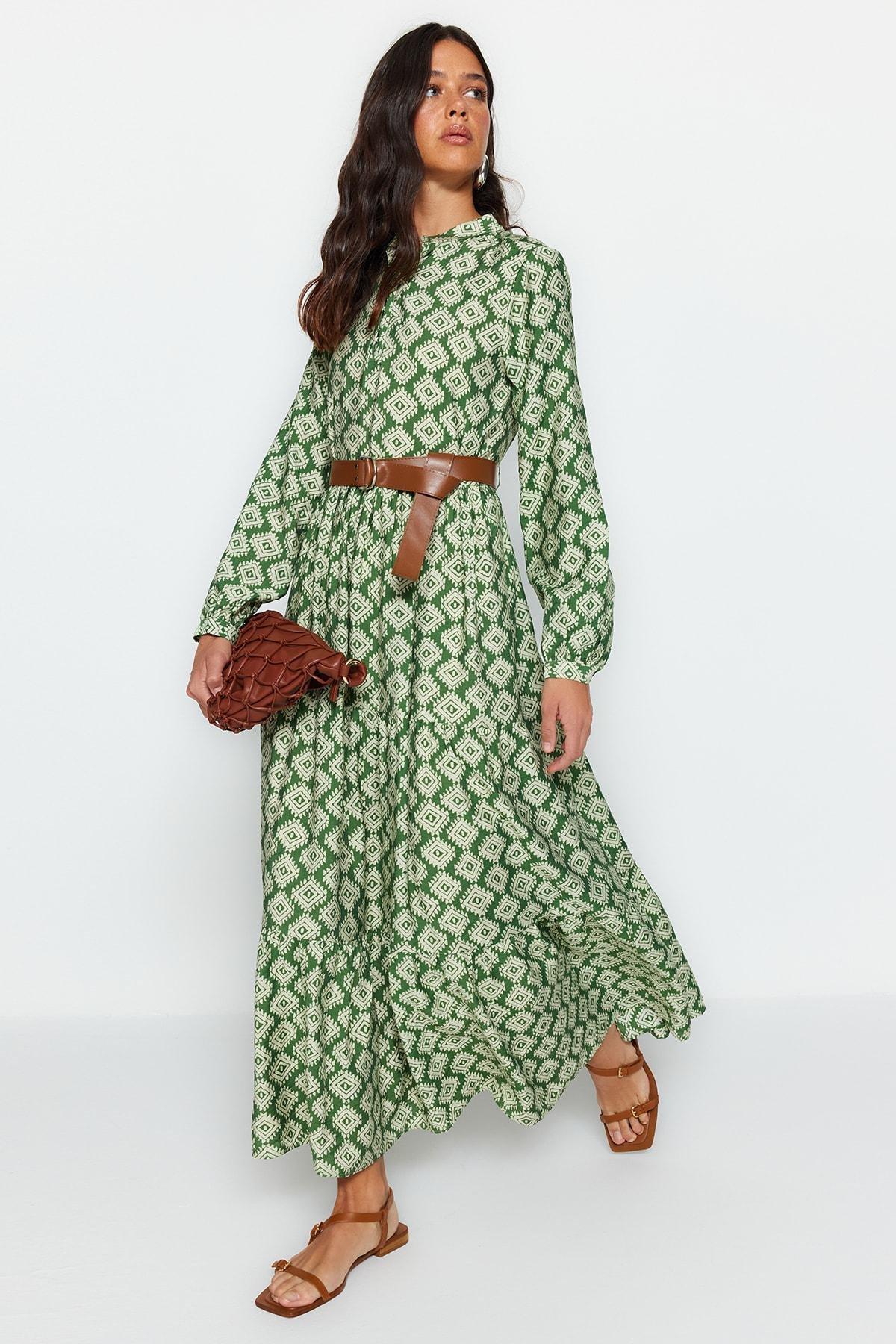 Green Floral Belted Lined Woven Dress, , large image number 1