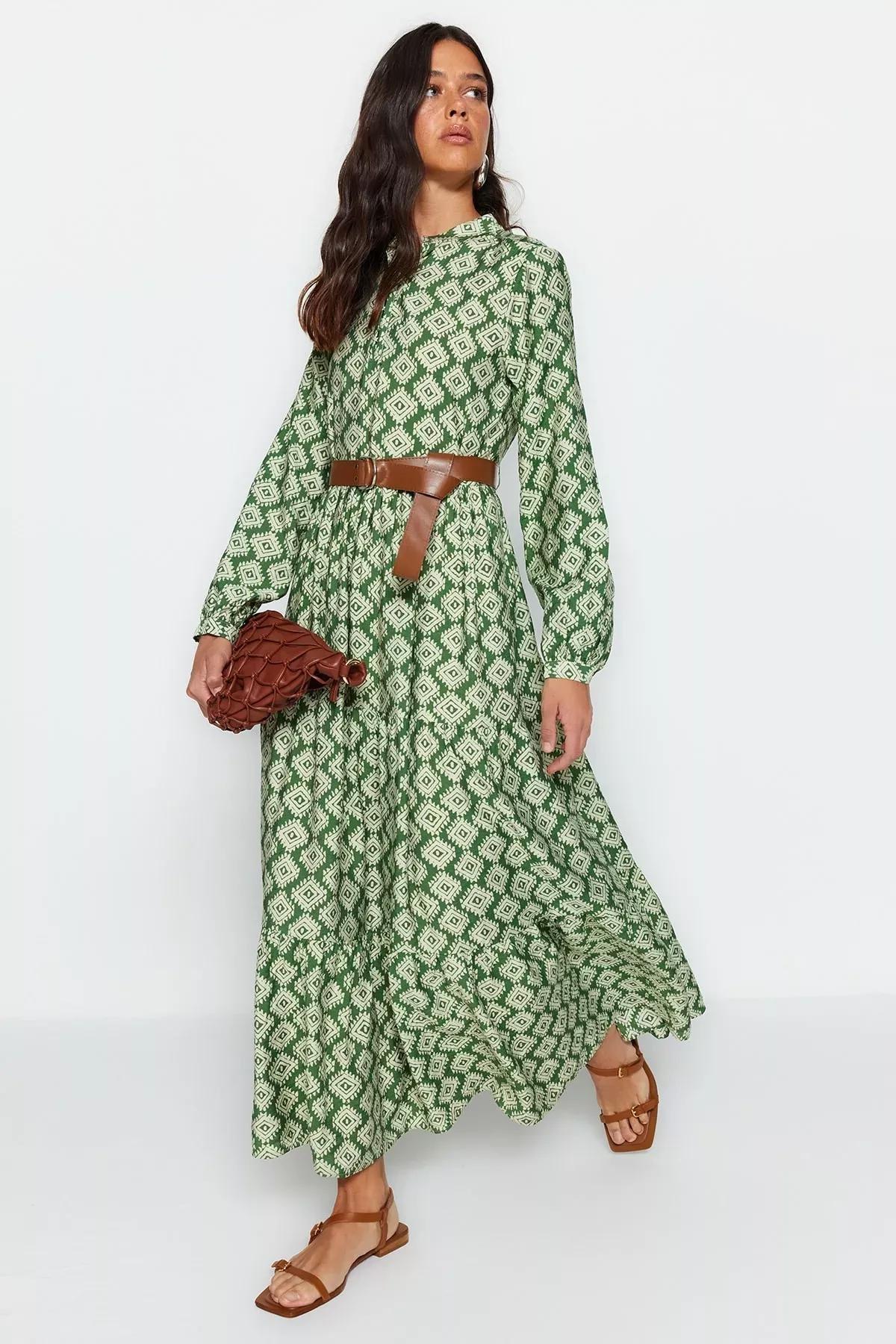 فستان منسوج مبطن بنقشة زهور مزود بحزام، أخضر, Green, large image number 1