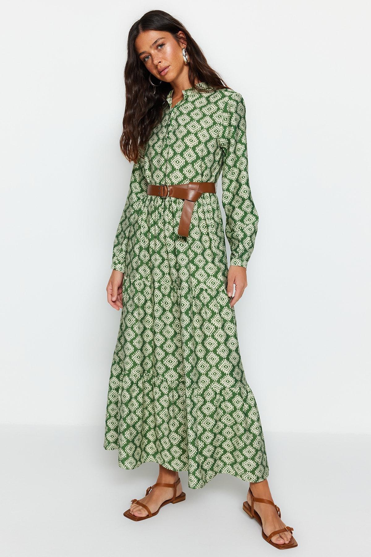 Green Floral Belted Lined Woven Dress, , large image number 2