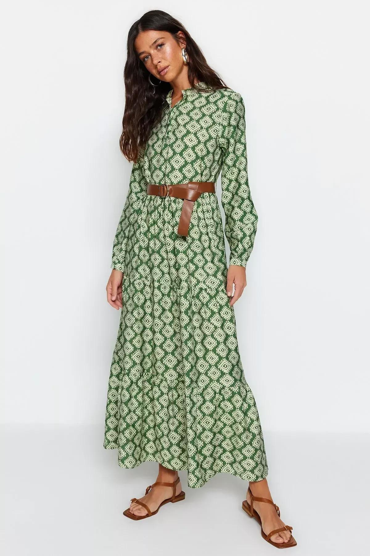 فستان منسوج مبطن بنقشة زهور مزود بحزام، أخضر, Green, large image number 2