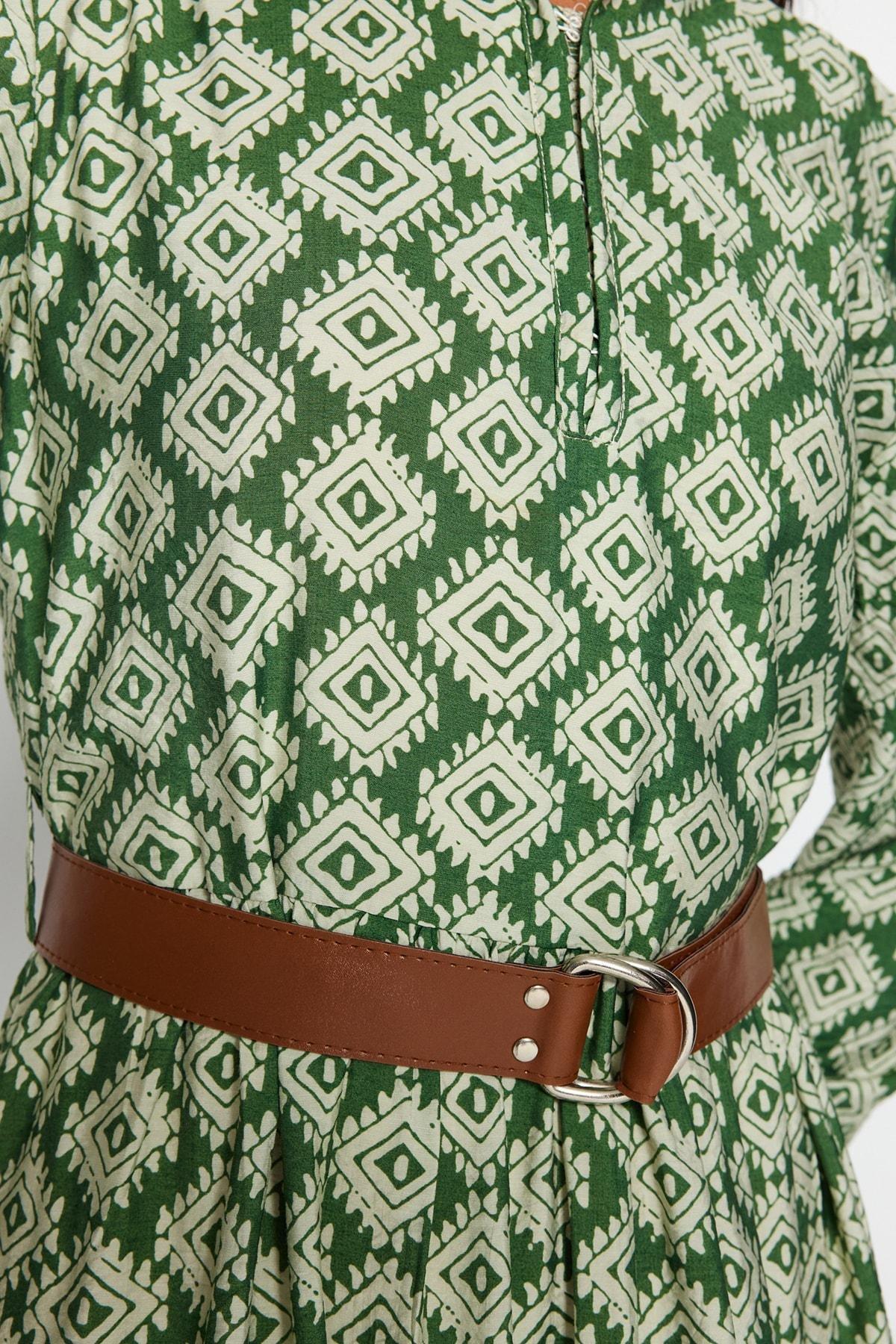 Green Floral Belted Lined Woven Dress, , large image number 3