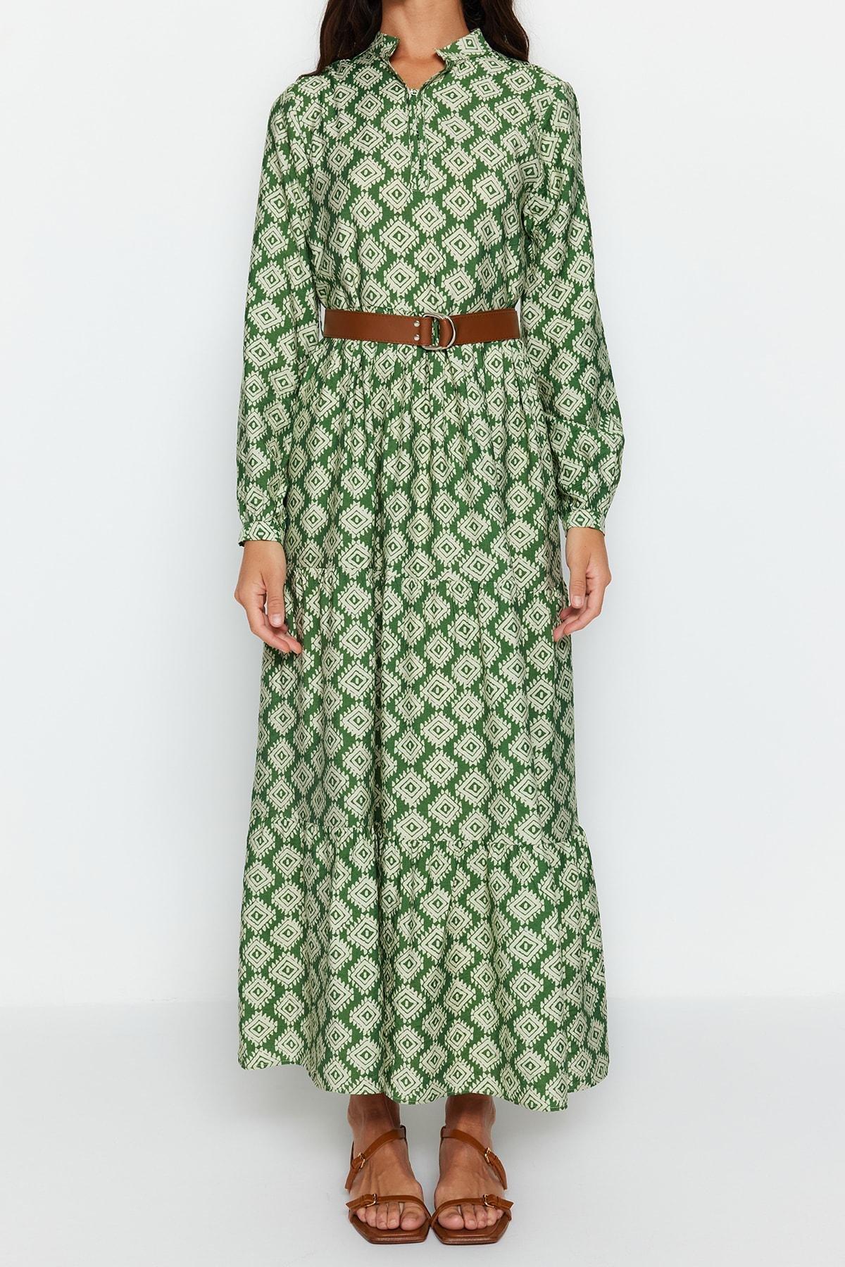 Green Floral Belted Lined Woven Dress, , large image number 4