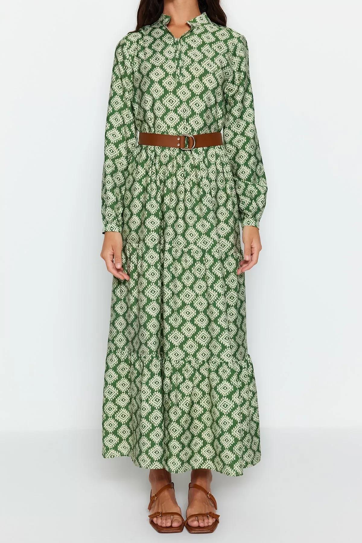 فستان منسوج مبطن بنقشة زهور مزود بحزام، أخضر, Green, large image number 4