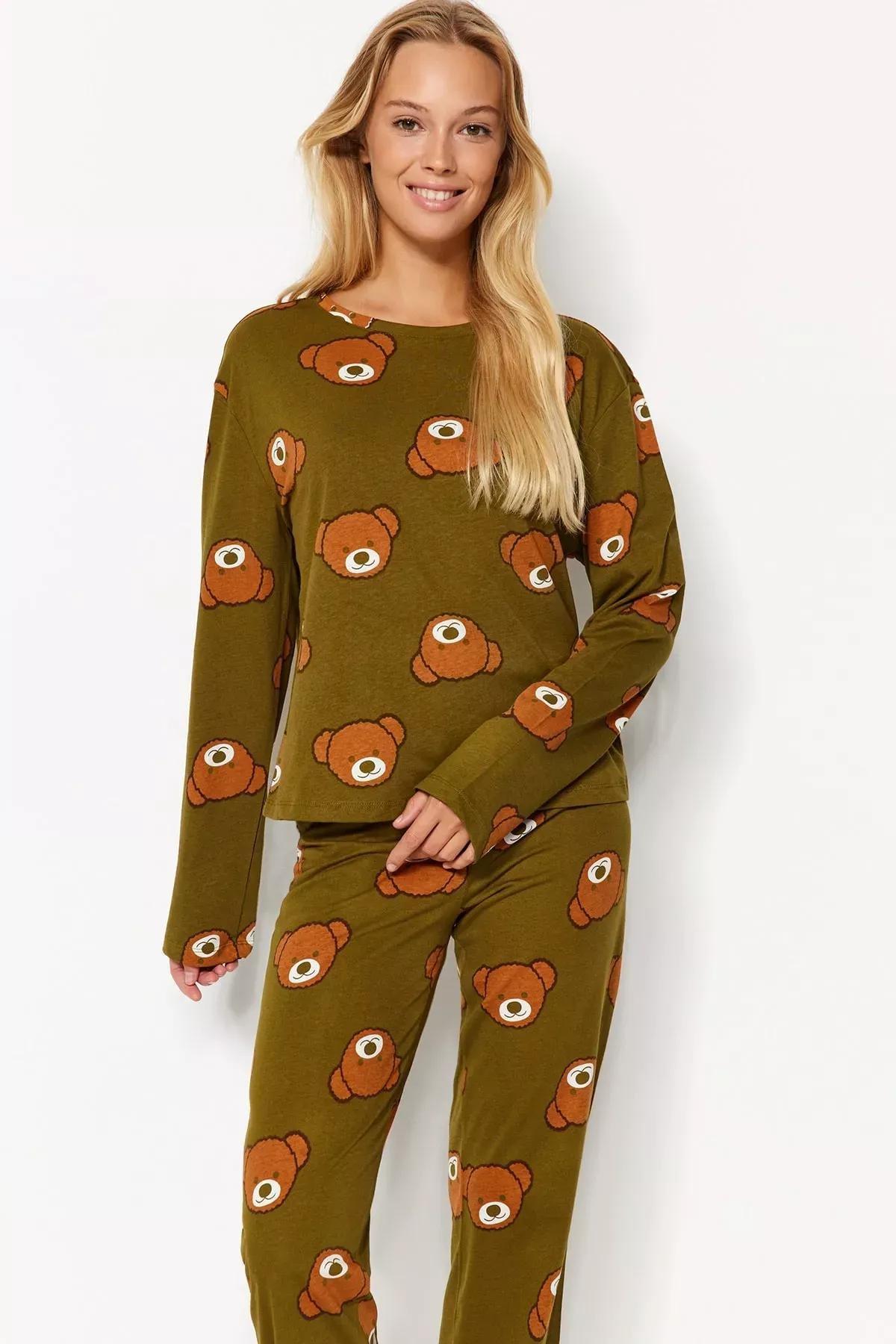 طقم بيجاما مُحاك بطبعة دب، كاكي, Khaki, medium