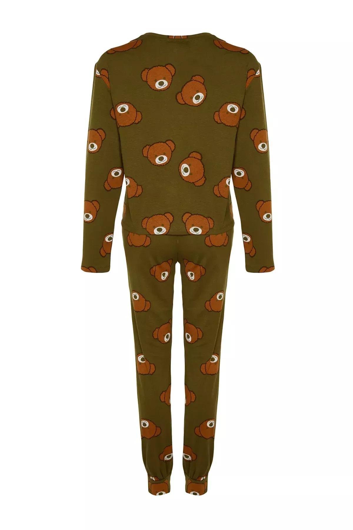 Khaki Teddy Bear Printed Knitted Pyjamas Set, , large image number 7