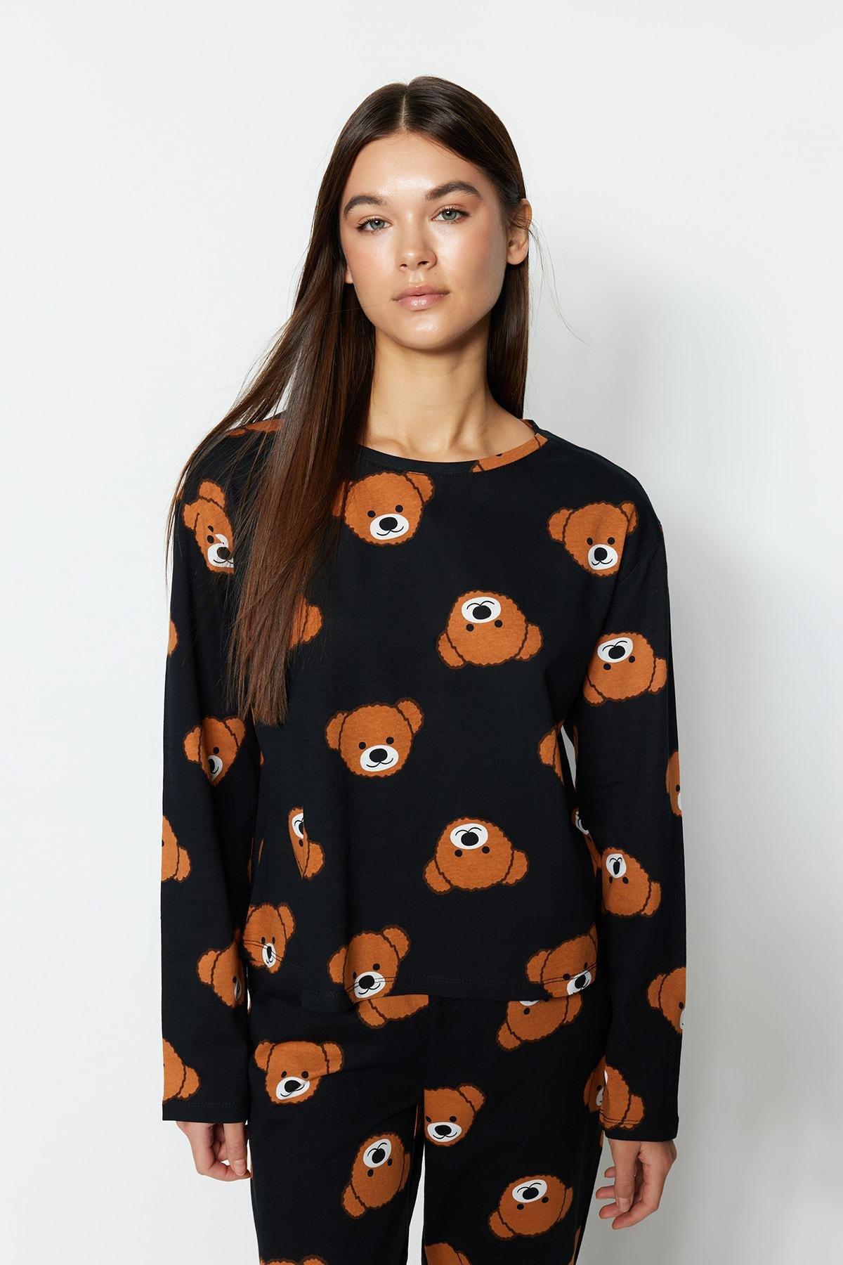 Black Crew Neck Pyjama Set, , large image number 1