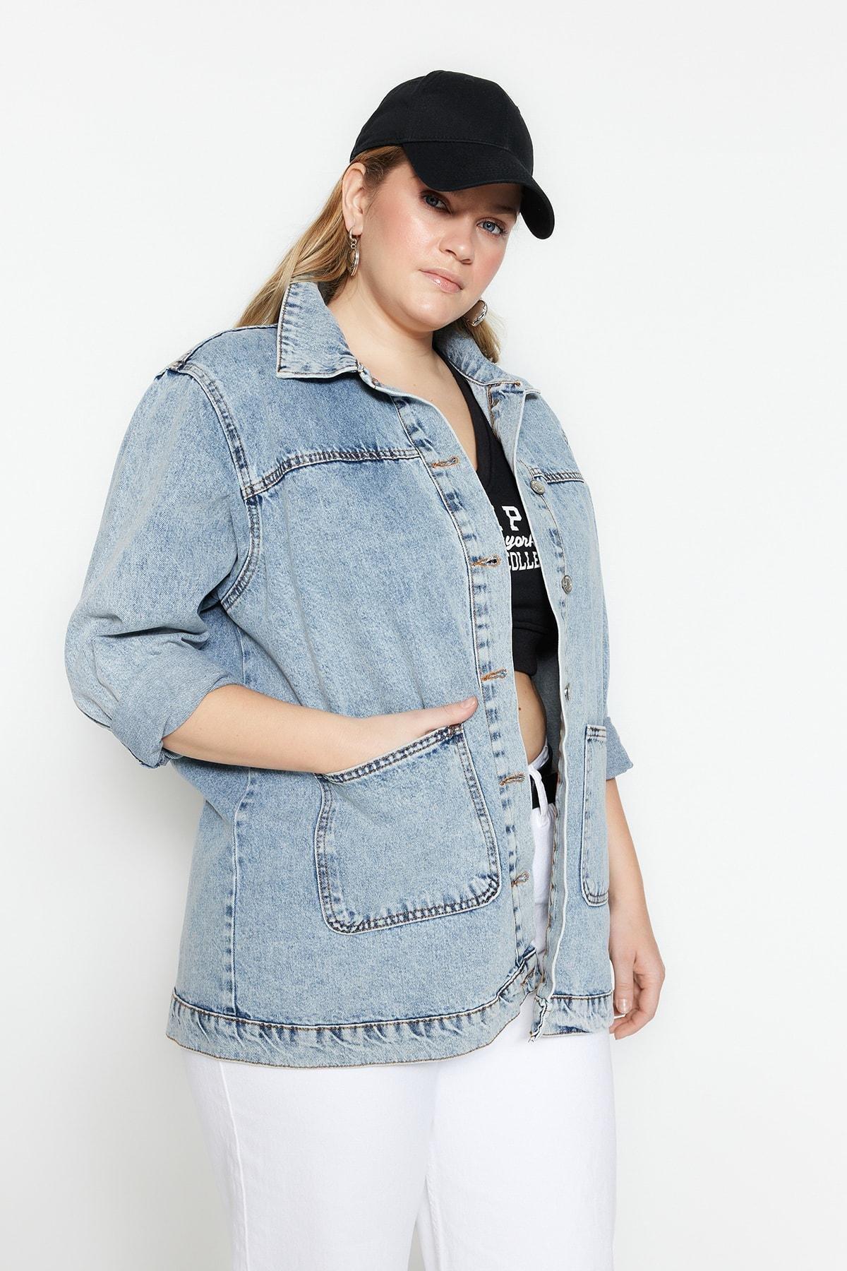 Blue Relaxed Denim Plus Size Jacket, , large image number 0