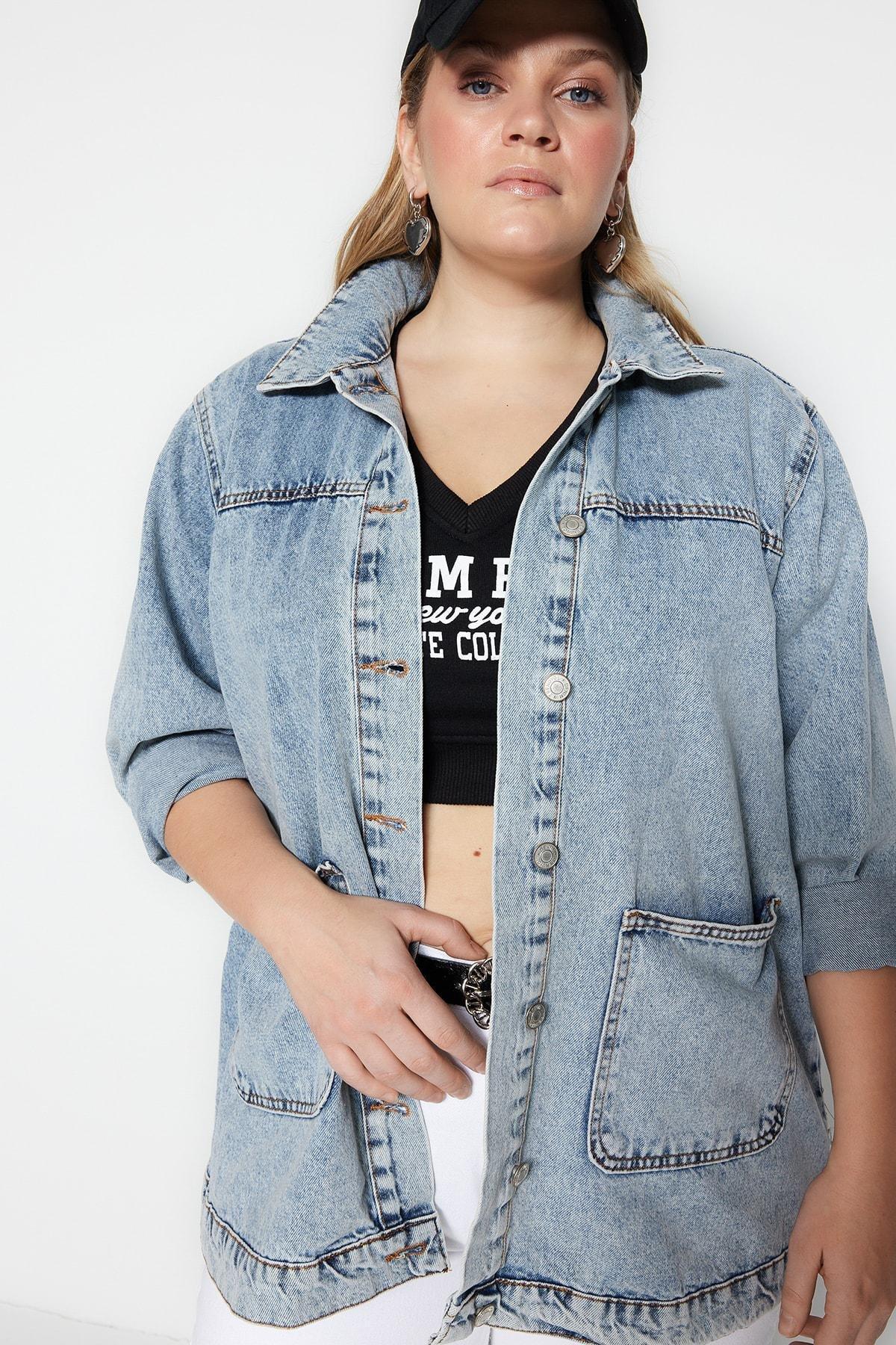 Blue Relaxed Denim Plus Size Jacket, , large image number 1