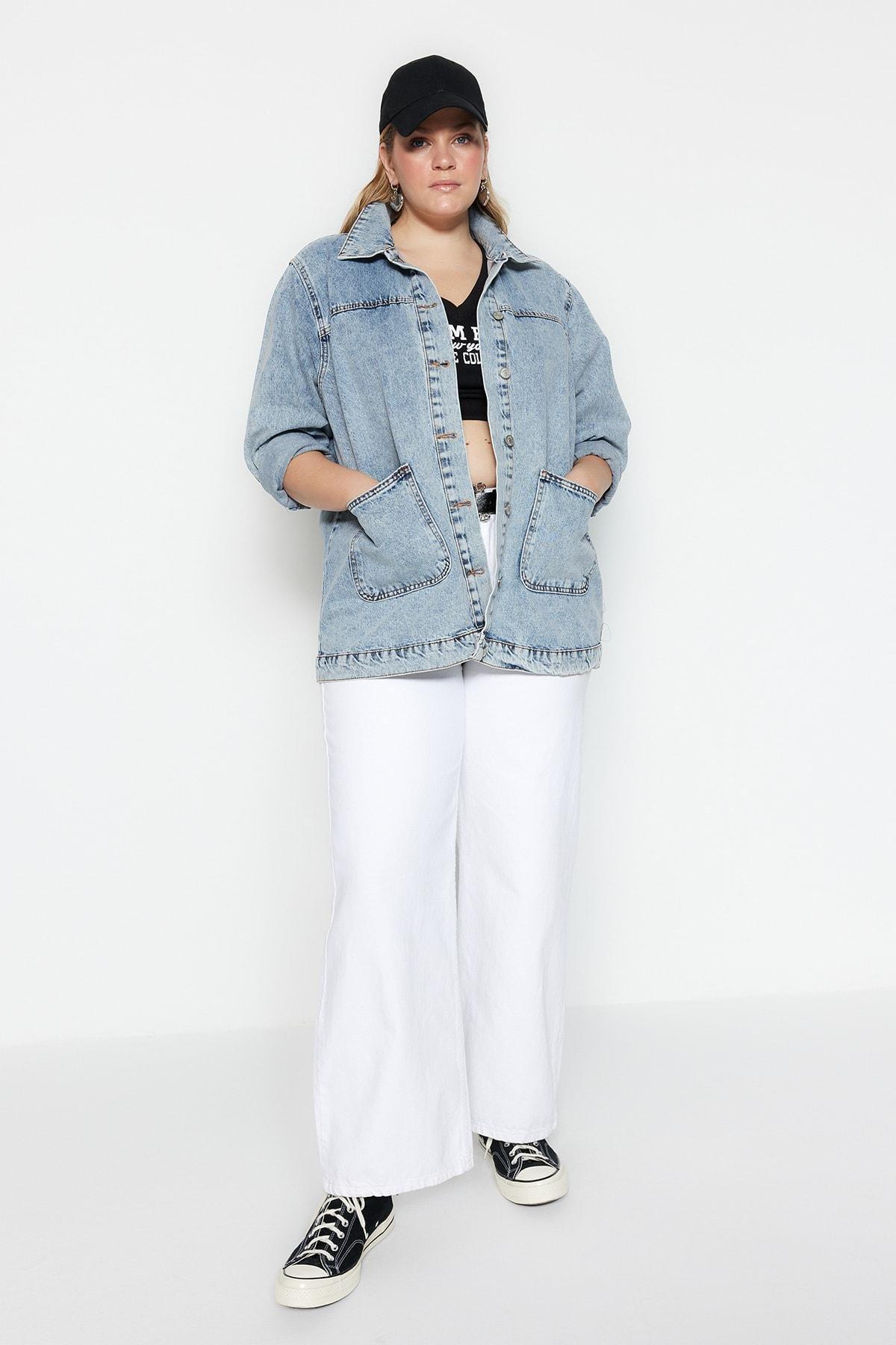 Blue Relaxed Denim Plus Size Jacket, , large image number 2