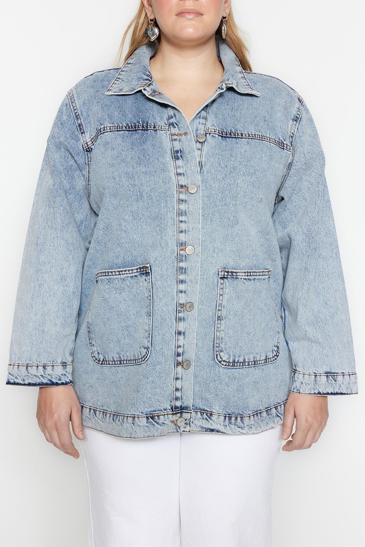 Blue Relaxed Denim Plus Size Jacket, , large image number 3