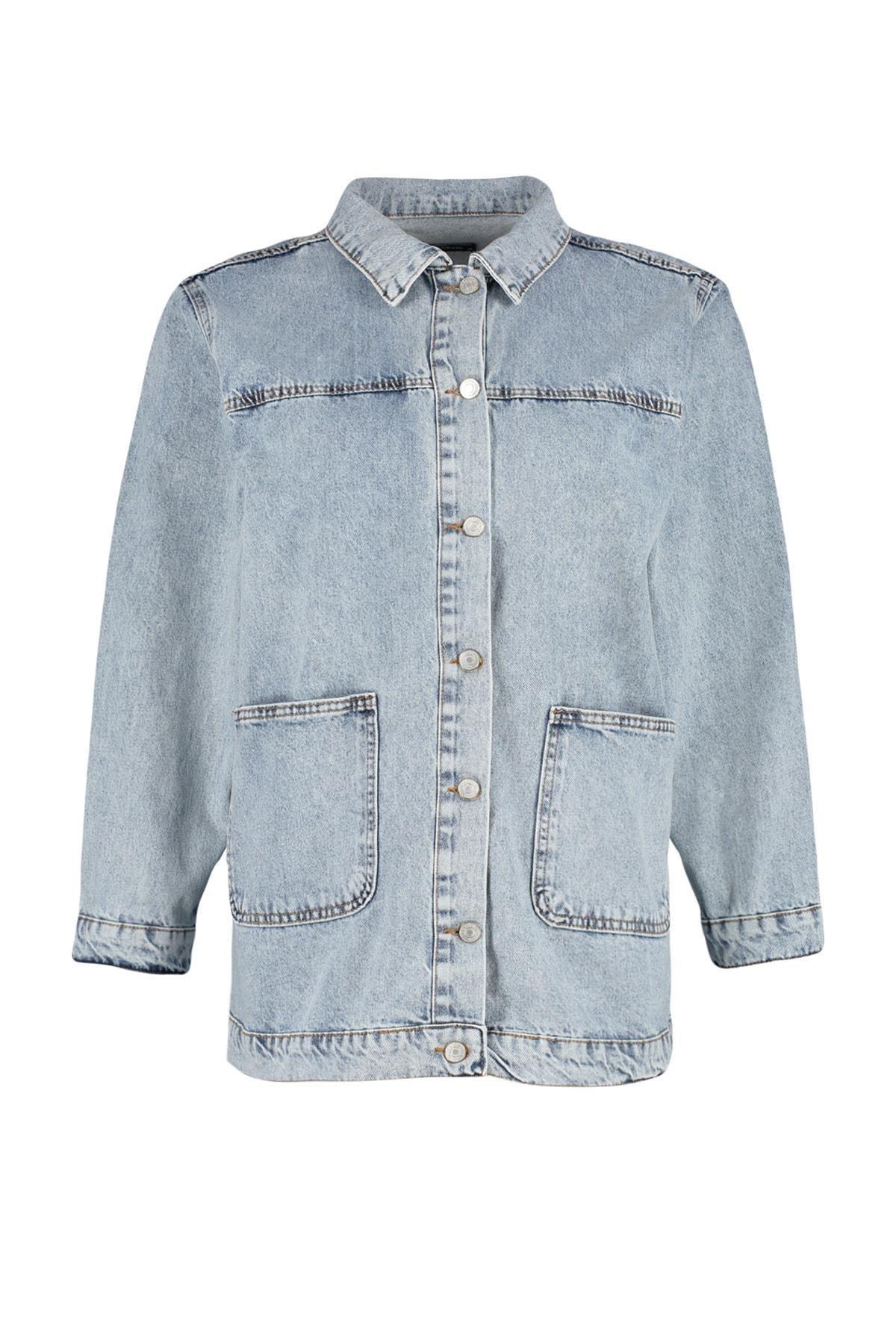 Blue Relaxed Denim Plus Size Jacket, , large image number 6