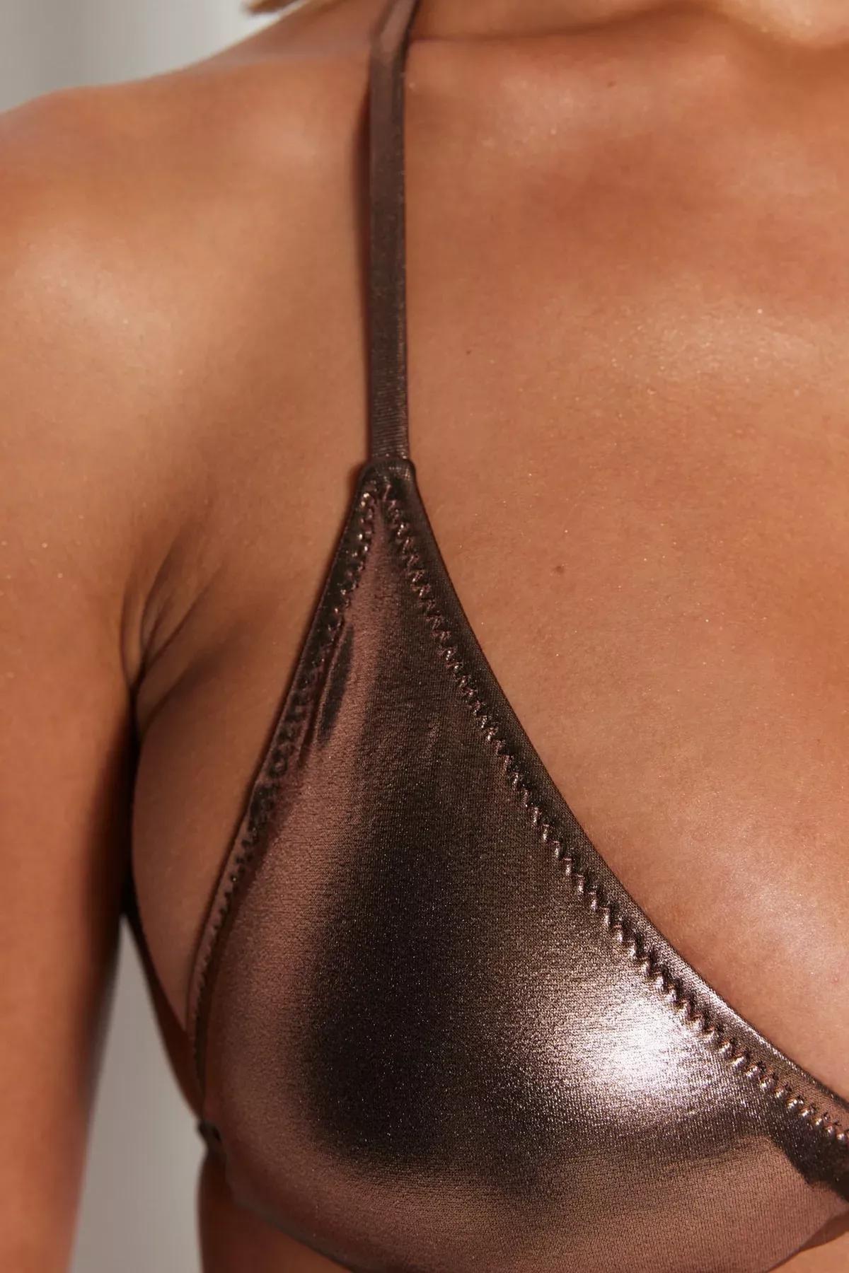 Brown Fitted Bikini Top, Brown, large image number 4
