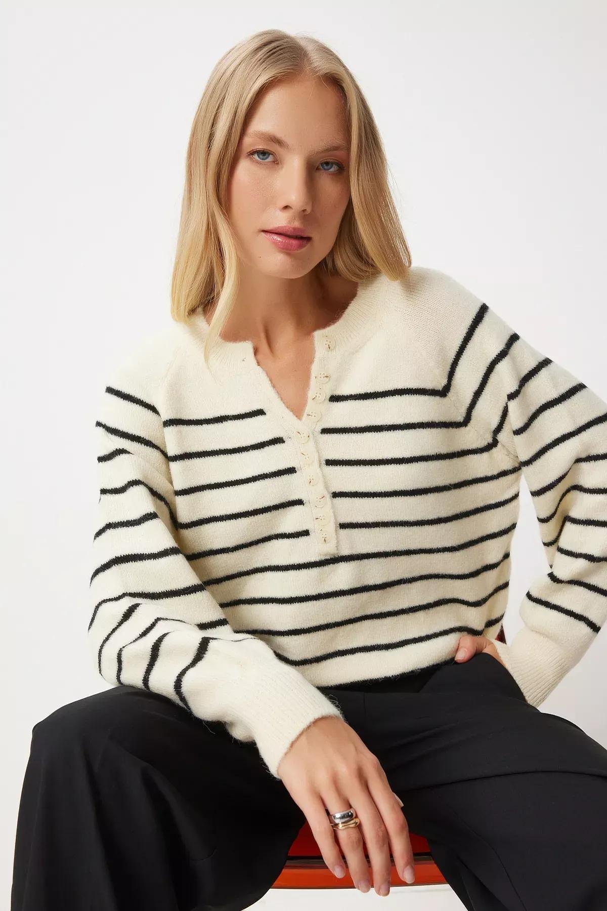 Cream Black Buttoned Collar Knit Sweater, Cream Black, large image number 0