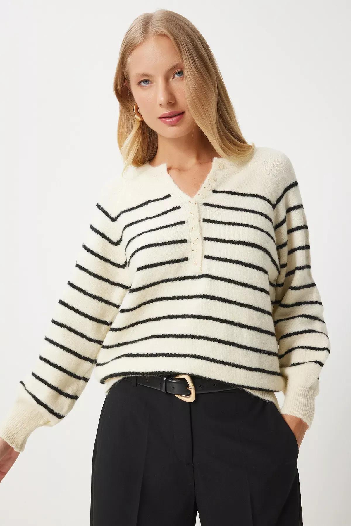 Cream Black Buttoned Collar Knit Sweater, Cream Black, large image number 1