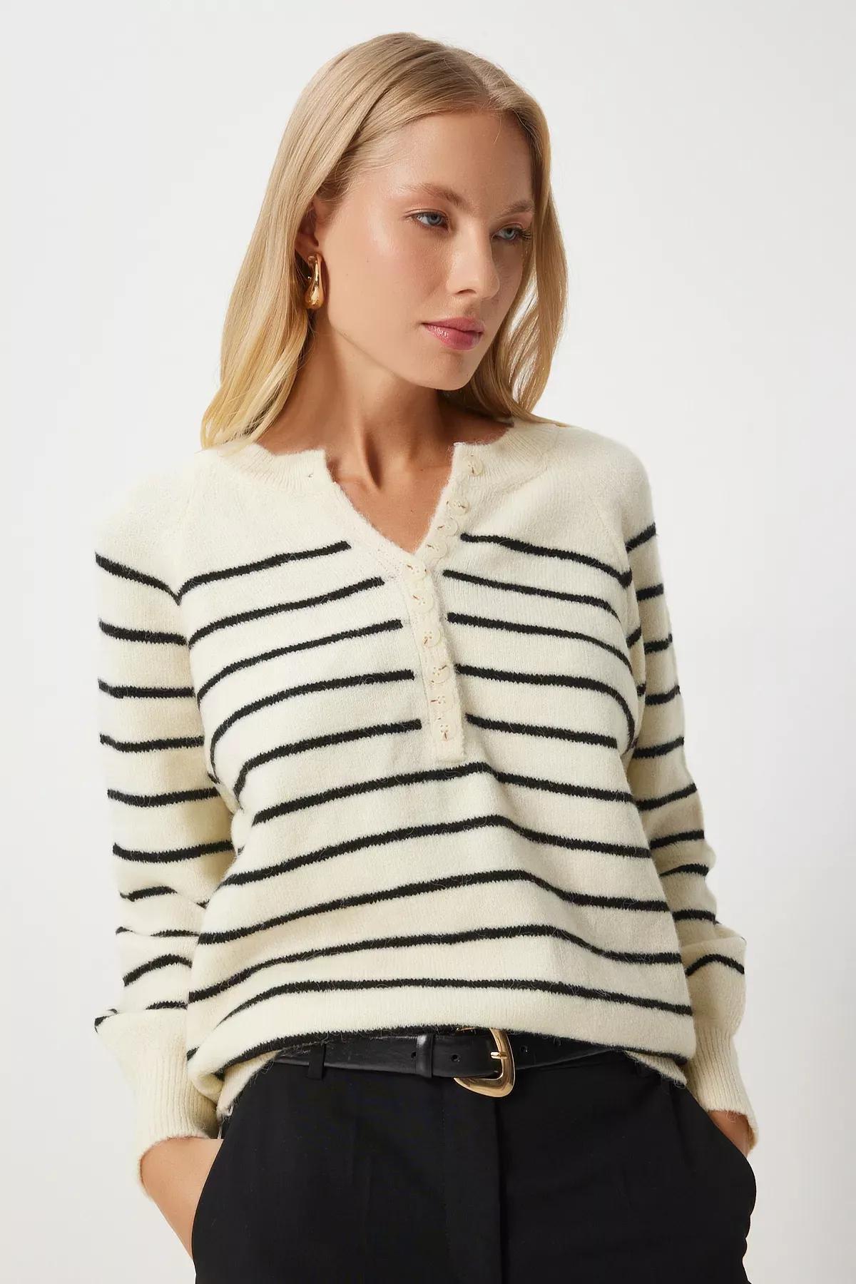 Cream Black Buttoned Collar Knit Sweater, Cream Black, large image number 2