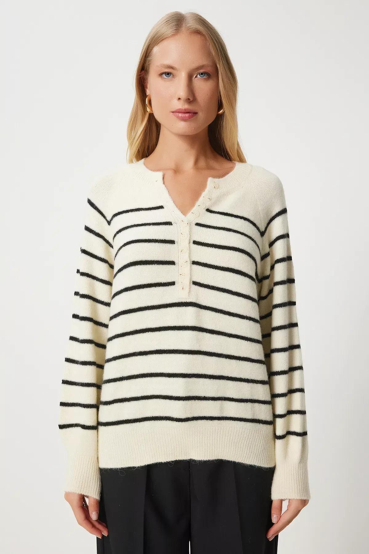 Cream Black Buttoned Collar Knit Sweater, Cream Black, large image number 3