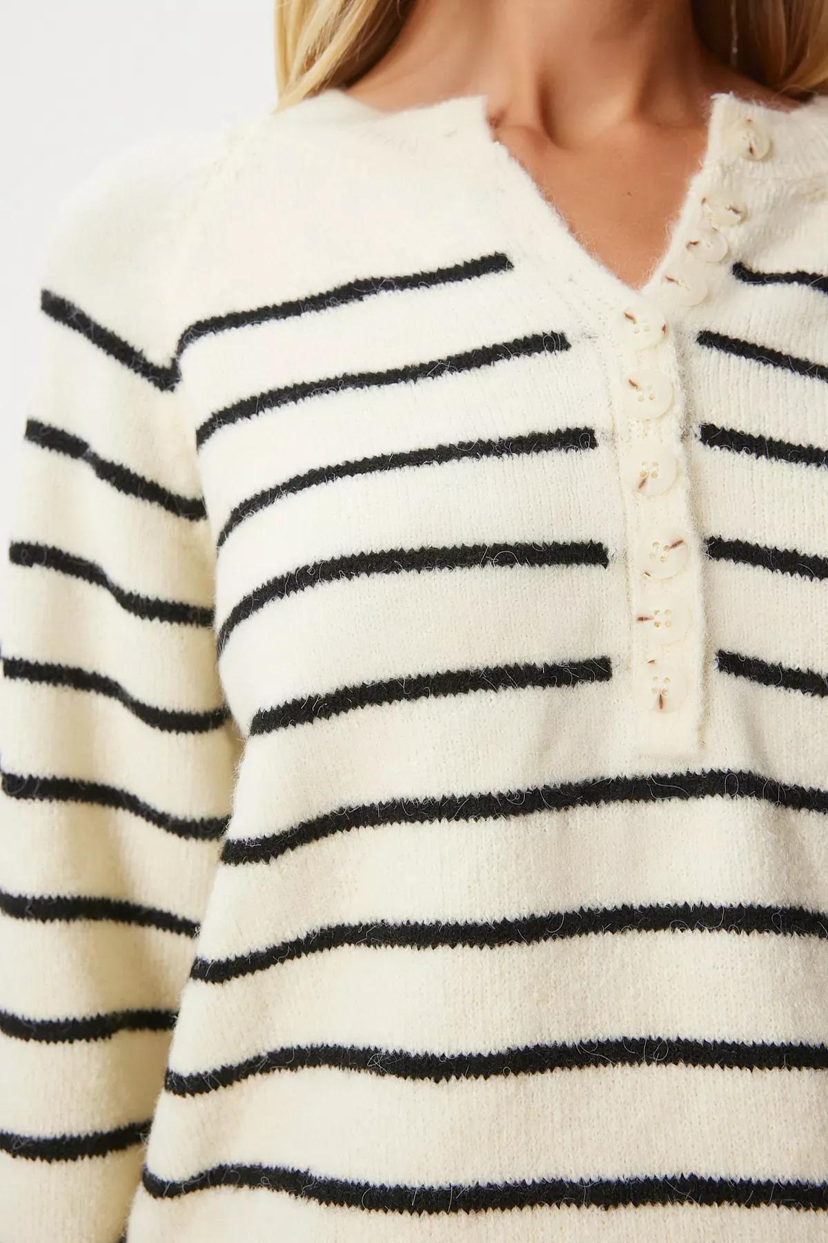 Cream Black Buttoned Collar Knit Sweater, Cream Black, large image number 4