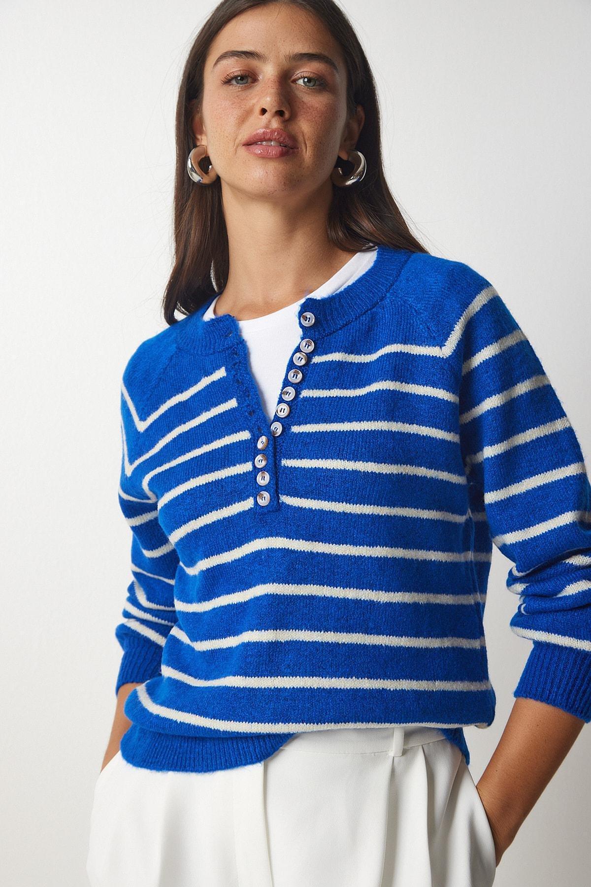 Happiness Istanbul - Blue Button Placket Striped Sweater