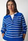 Happiness - Blue Button Placket Striped Sweater