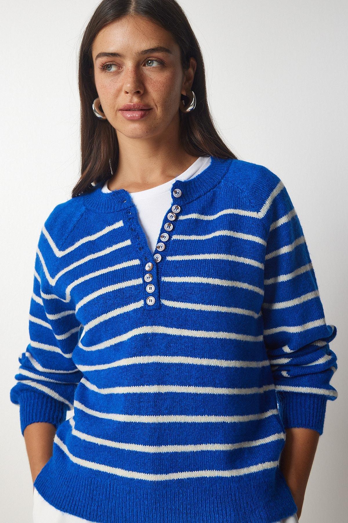 Happiness Istanbul - Blue Button Placket Striped Sweater