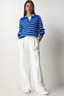 Happiness - Blue Button Placket Striped Sweater