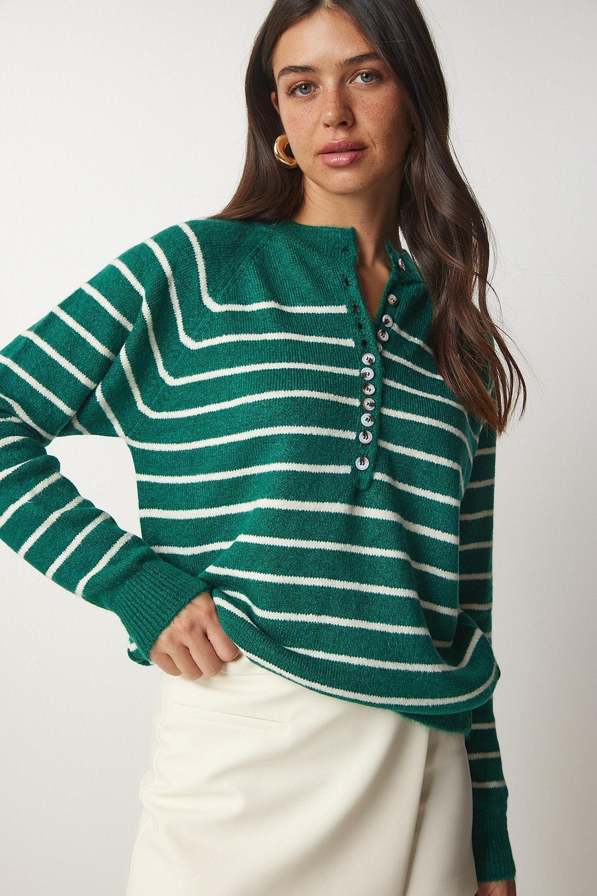 Green Button Placket Striped Sweater, Dark Green Ecru, large image number 2
