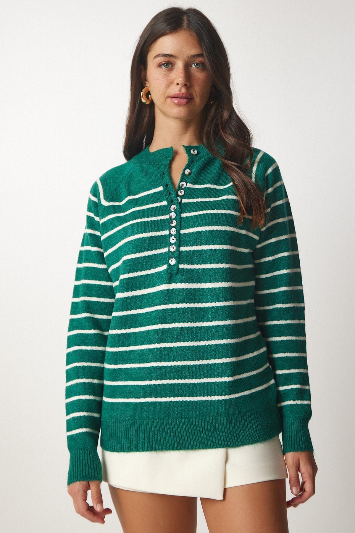 Green Button Placket Striped Sweater, Dark Green Ecru, large image number 3