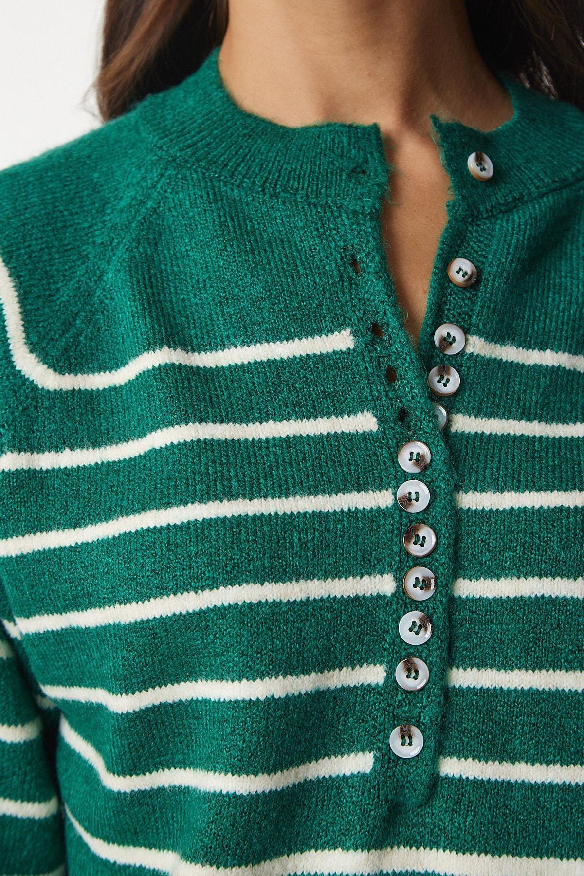 Green Button Placket Striped Sweater, Dark Green Ecru, large image number 4