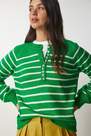 Happiness - Green Button Placket Striped Sweater