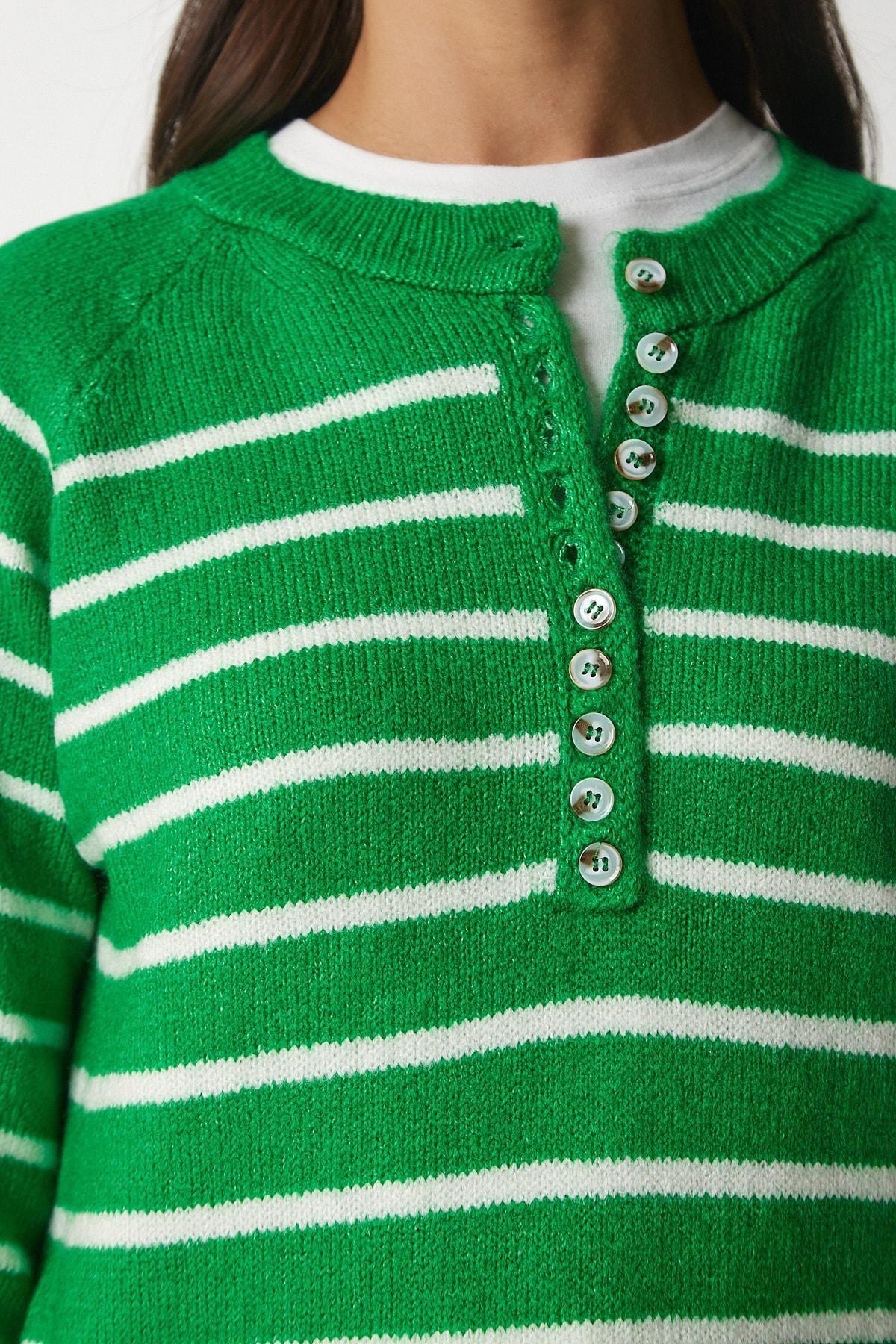 Happiness Istanbul - Green Button Placket Striped Sweater