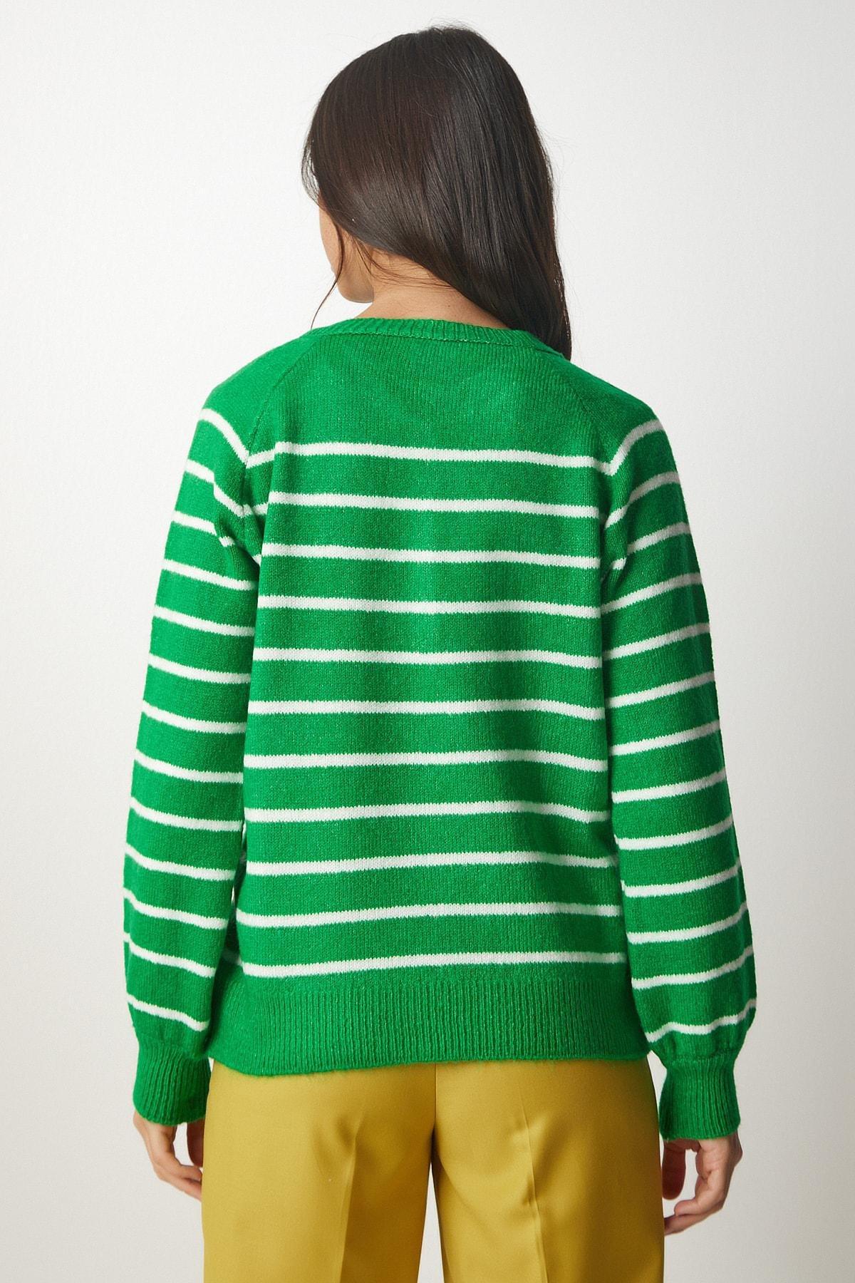 Happiness Istanbul - Green Button Placket Striped Sweater