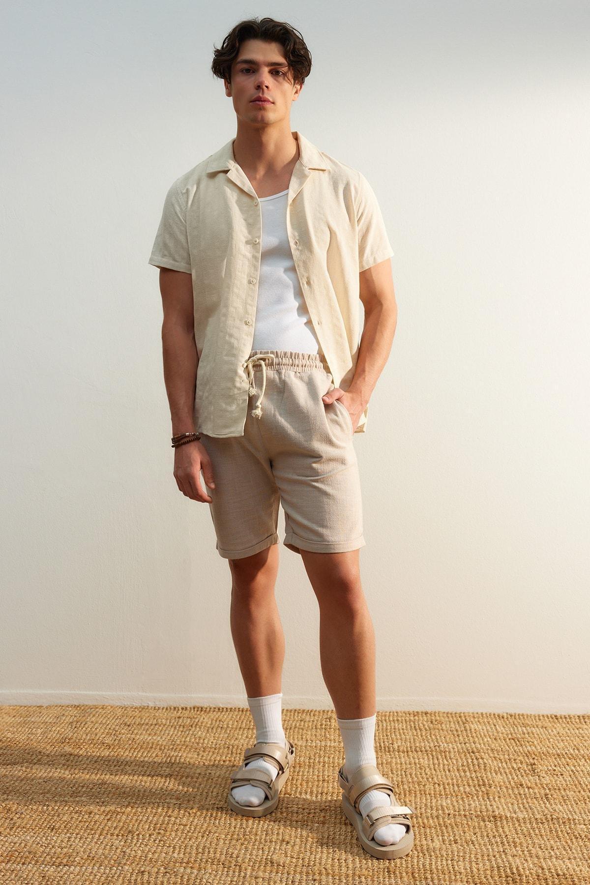 Beige Mid Waist Straight Shorts, , large image number 0