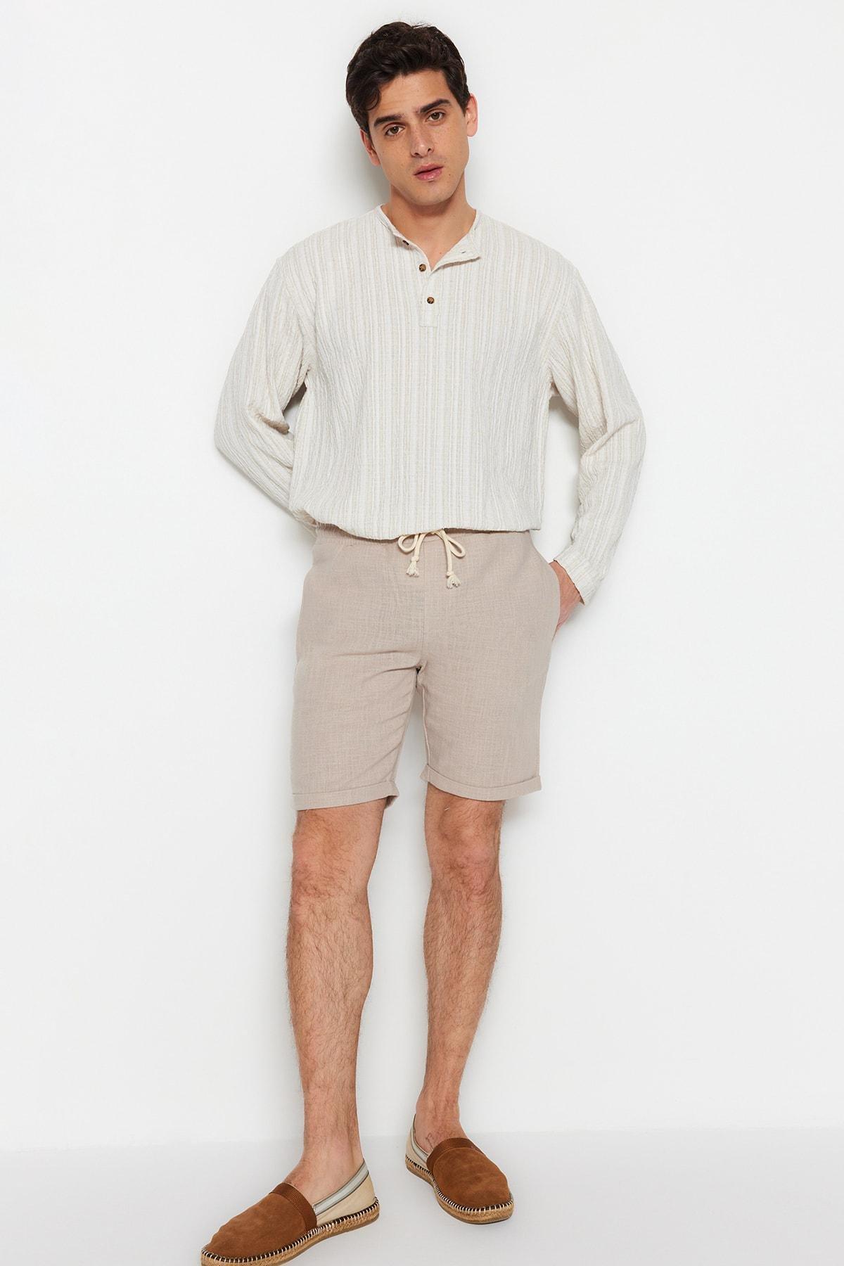 Beige Mid Waist Straight Shorts, , large image number 1